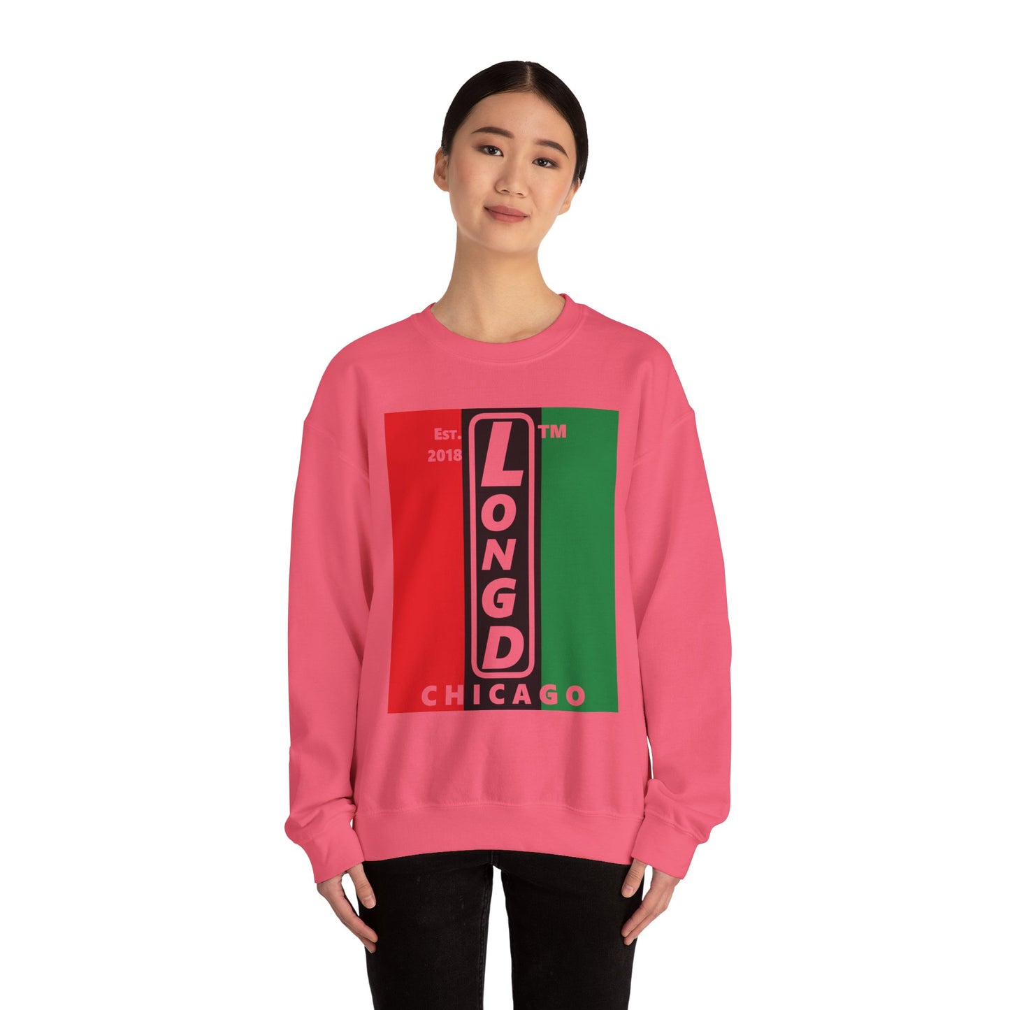 LongD negative vertical 3-striped Chicago upright logo crewneck sweatshirt (Juneteenth colors)
