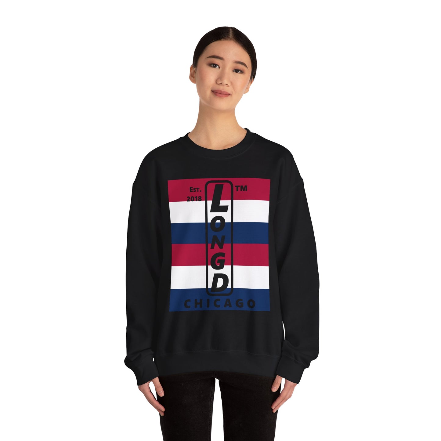 LongD negative horizontal 6-striped Chicago logo crewneck sweatshirt (patriotic colors)
