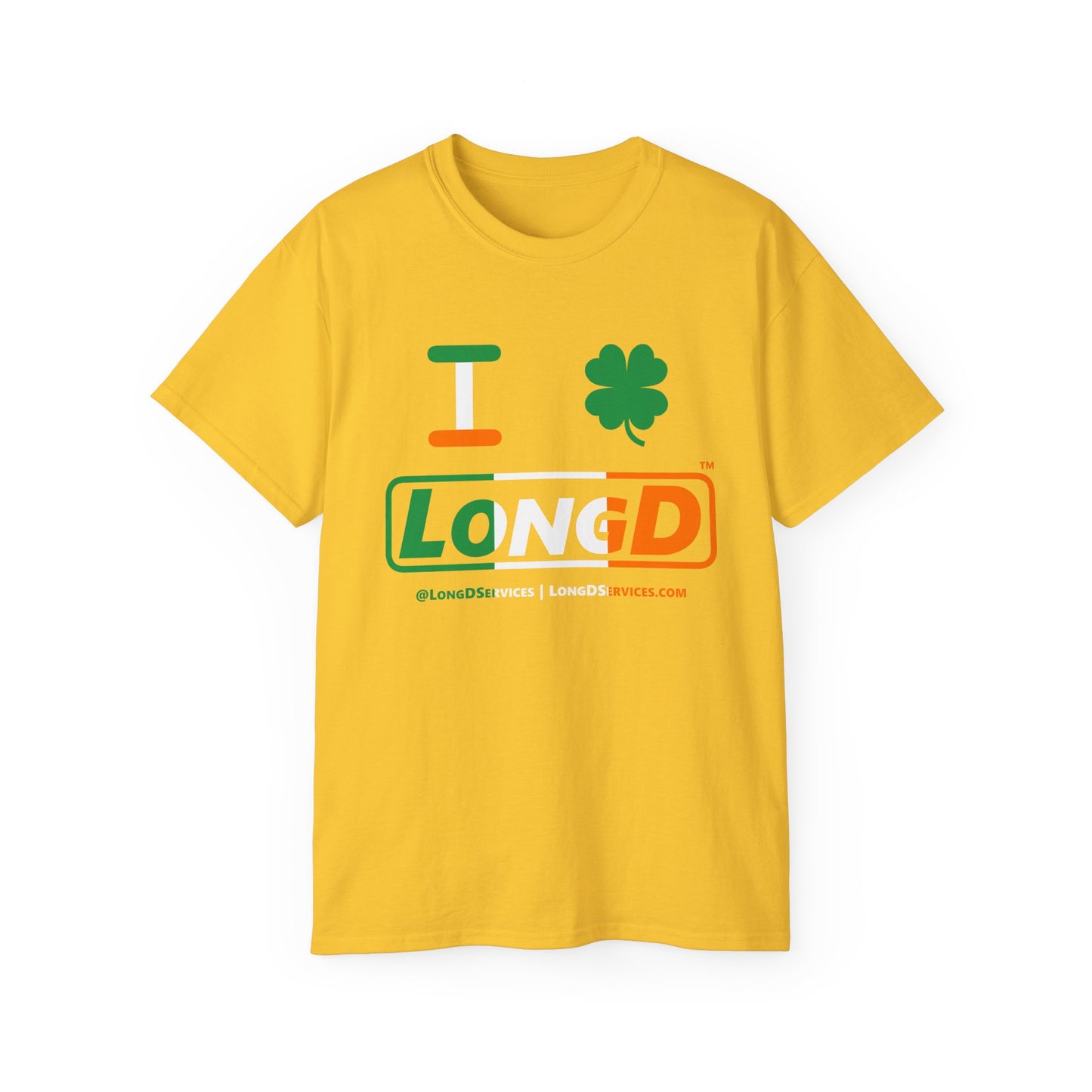 I Clover LongD® Logo Cotton Tee (St. Patrick's Day -Irish Green, White and Irish Orange thirds with 4-leaf clover)