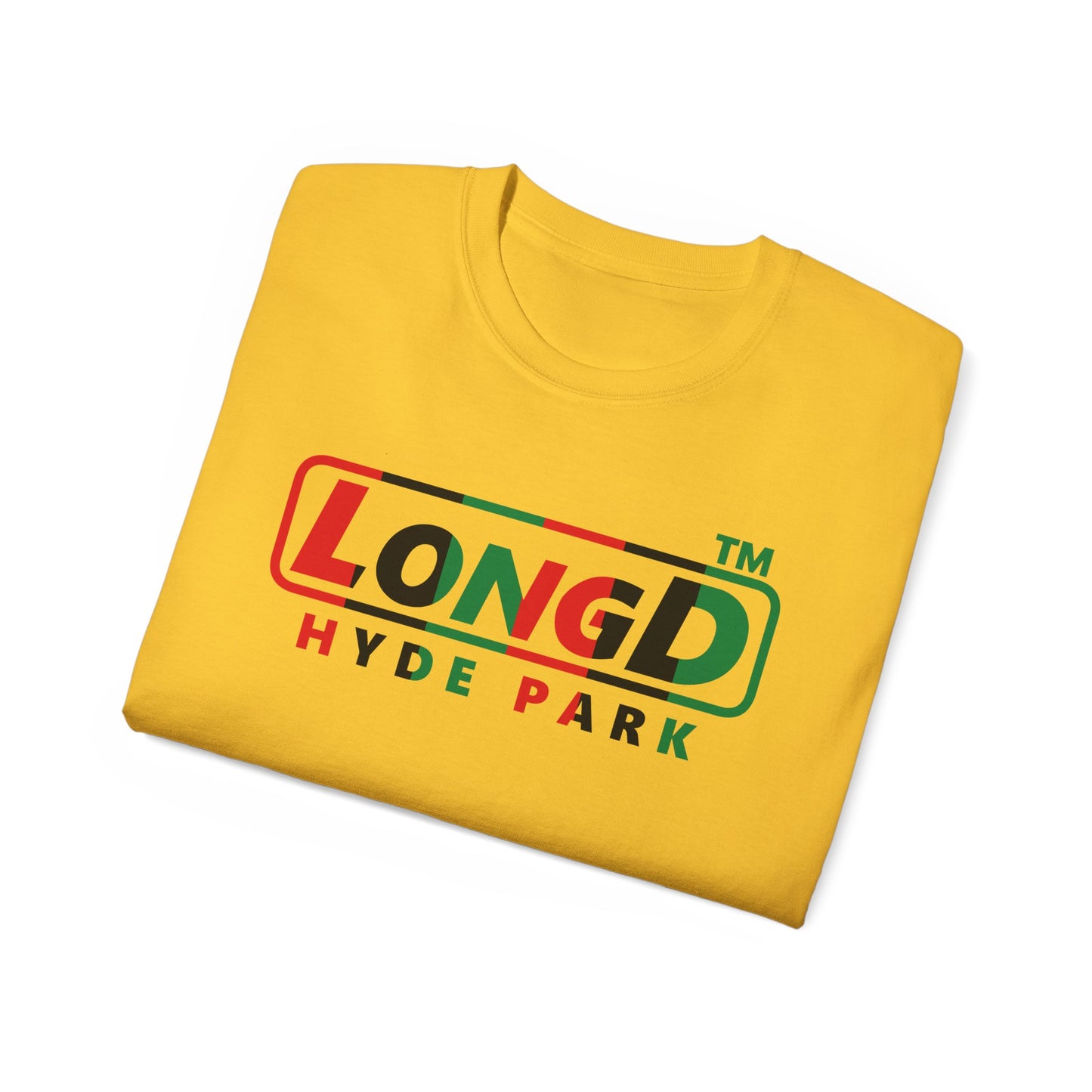 LongD positive vertical 6-striped Hyde Park logo cotton tee (Juneteenth colors)