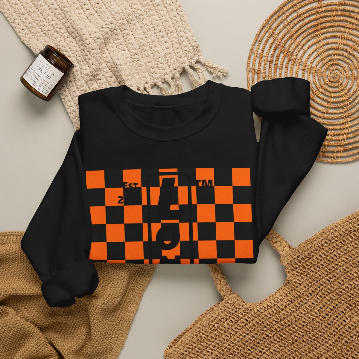 LongD Hyde Park negative upright checkered logo (Halloween colors) crewneck sweatshirt