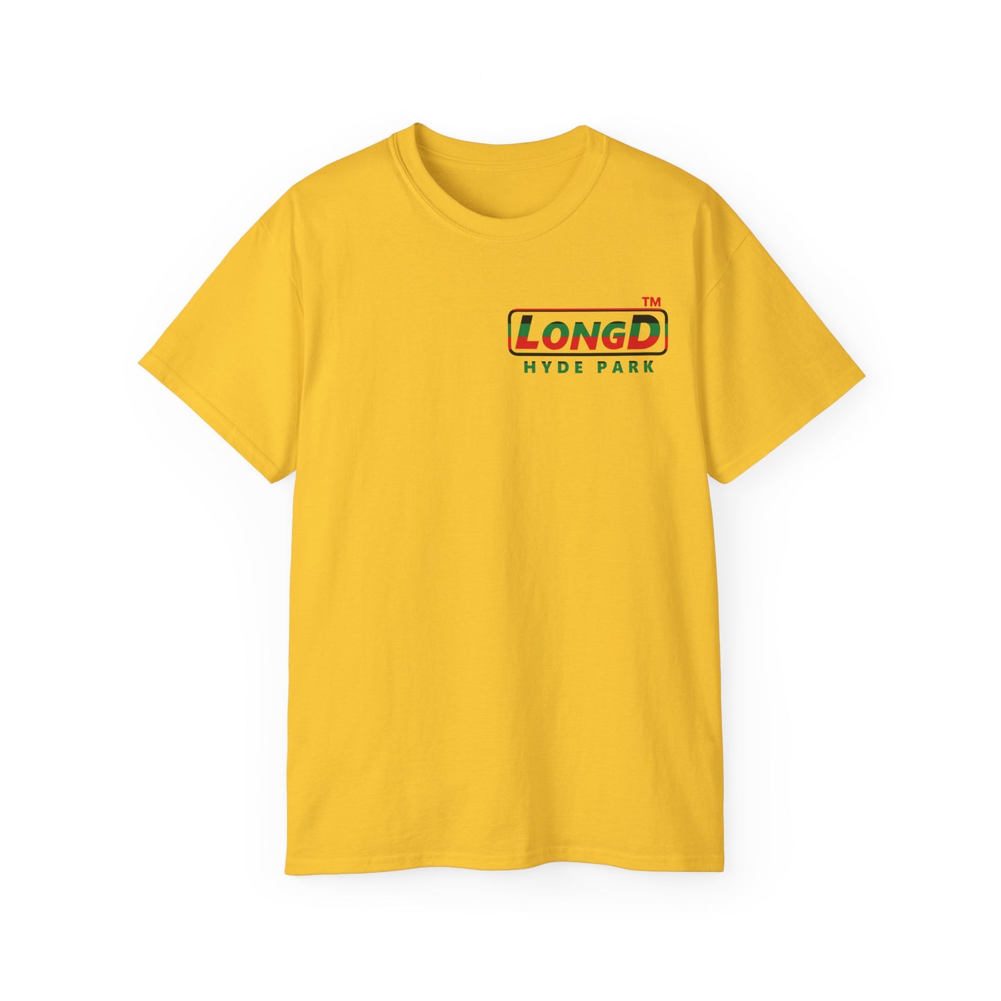 LongD positive horizontal 6-striped Hyde Park logo single-breasted front-back cotton tee (Juneteenth colors)