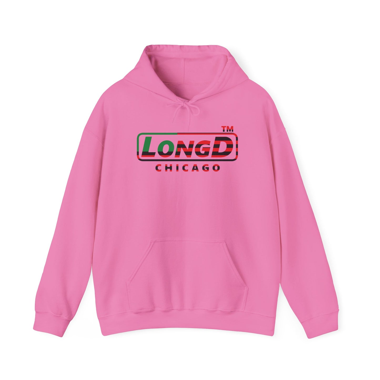 LongD® positive flag front-back Chicago logo Hoodie (Juneteenth colors)