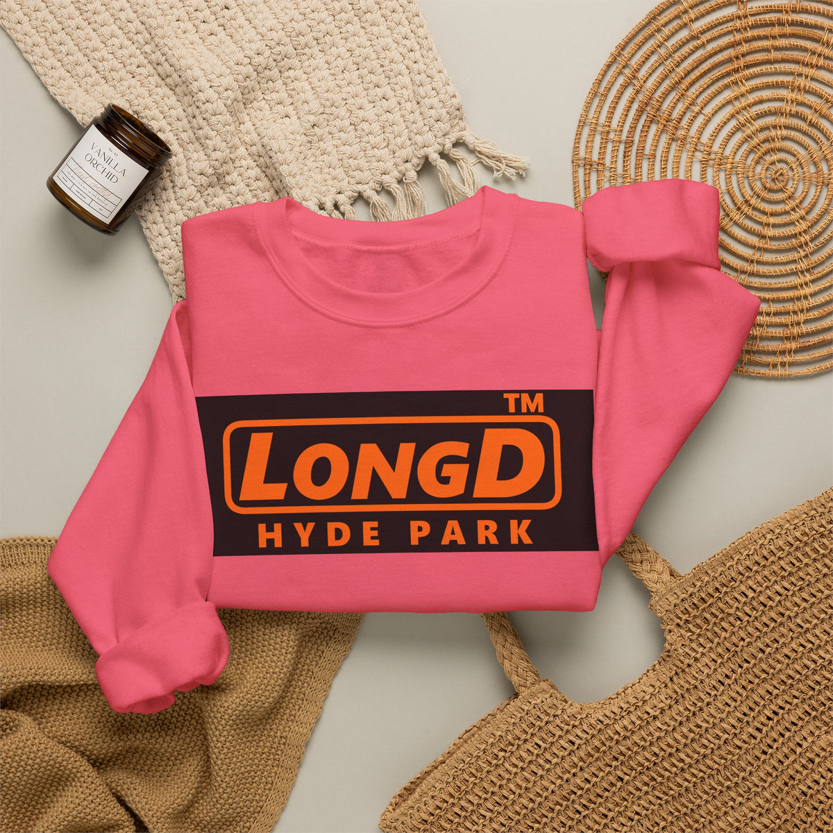 LongD Hyde Park logo orange (FE7518) on Black (000000) (Halloween colors) crewneck sweatshirt