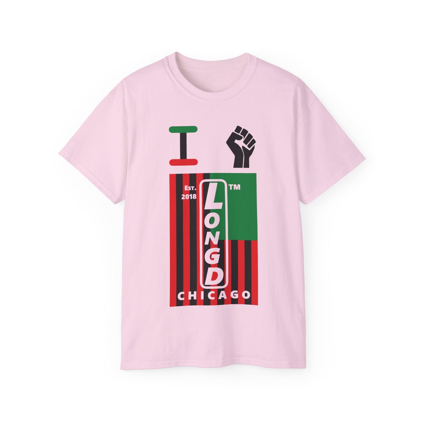 I fist LongD Cotton Tee negative flag Chicago upright logo (Juneteenth colors)