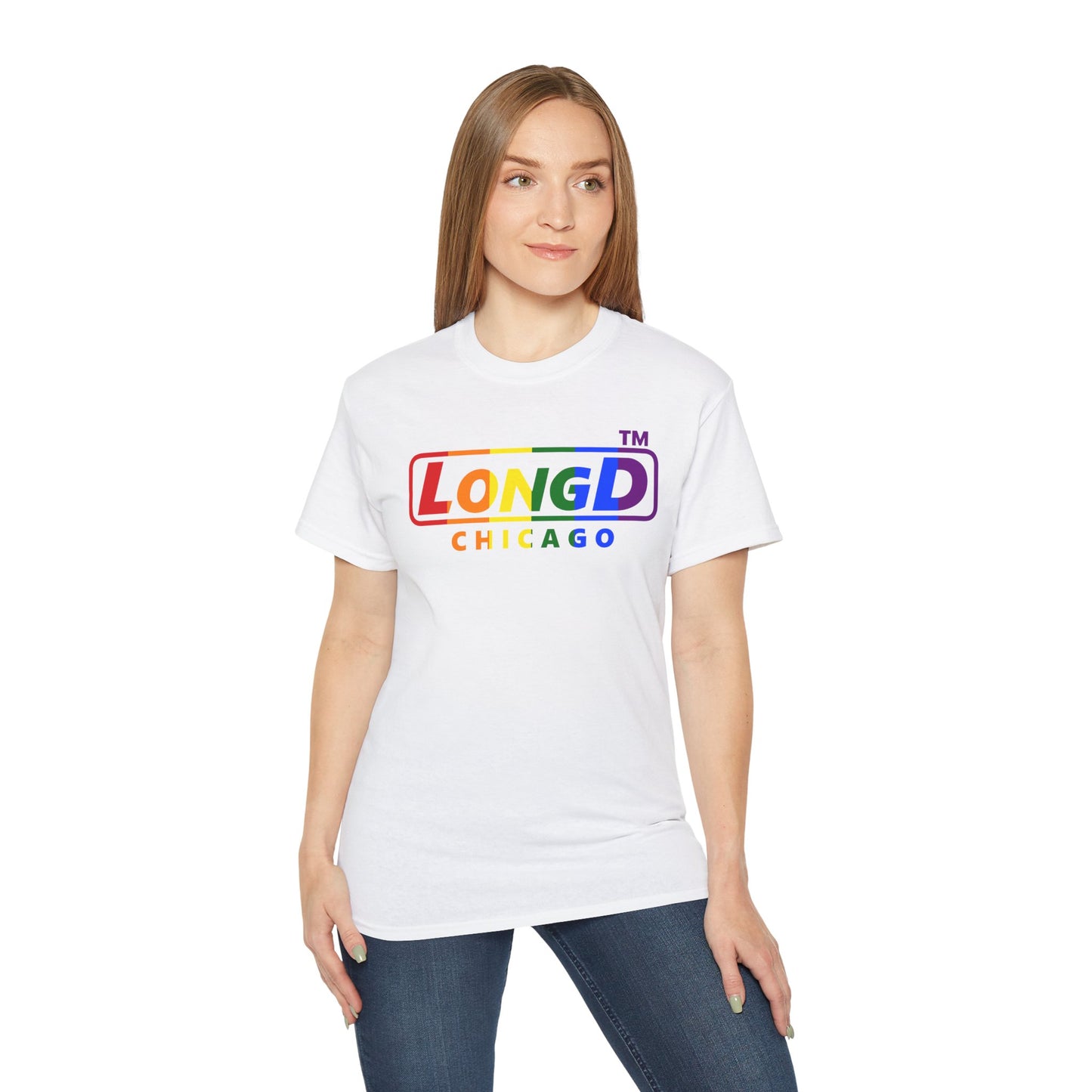 LongD positive vertical striped Chicago logo cotton tee (Pride colors)