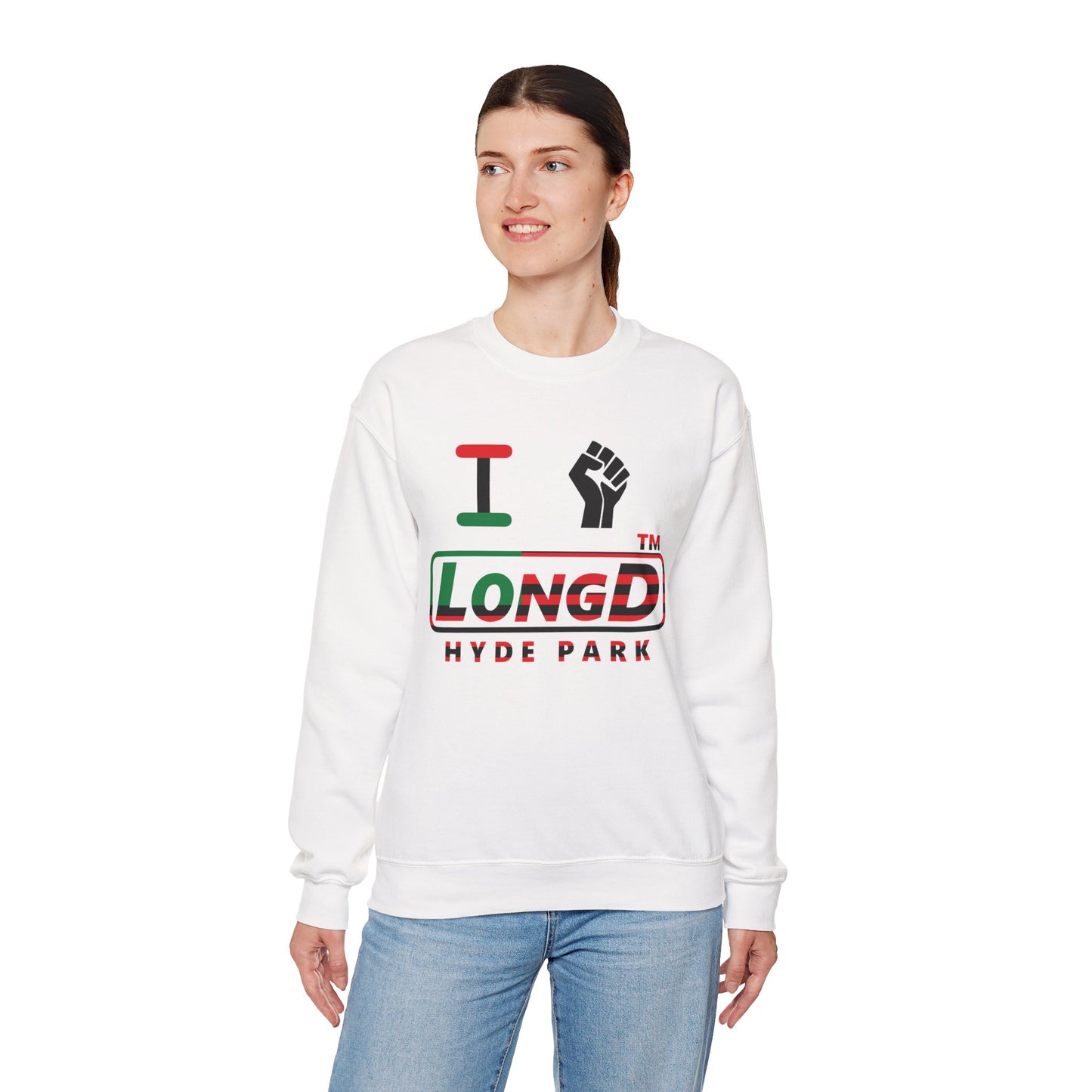 I fist LongD positive flag Hyde Park logo crewneck sweatshirt