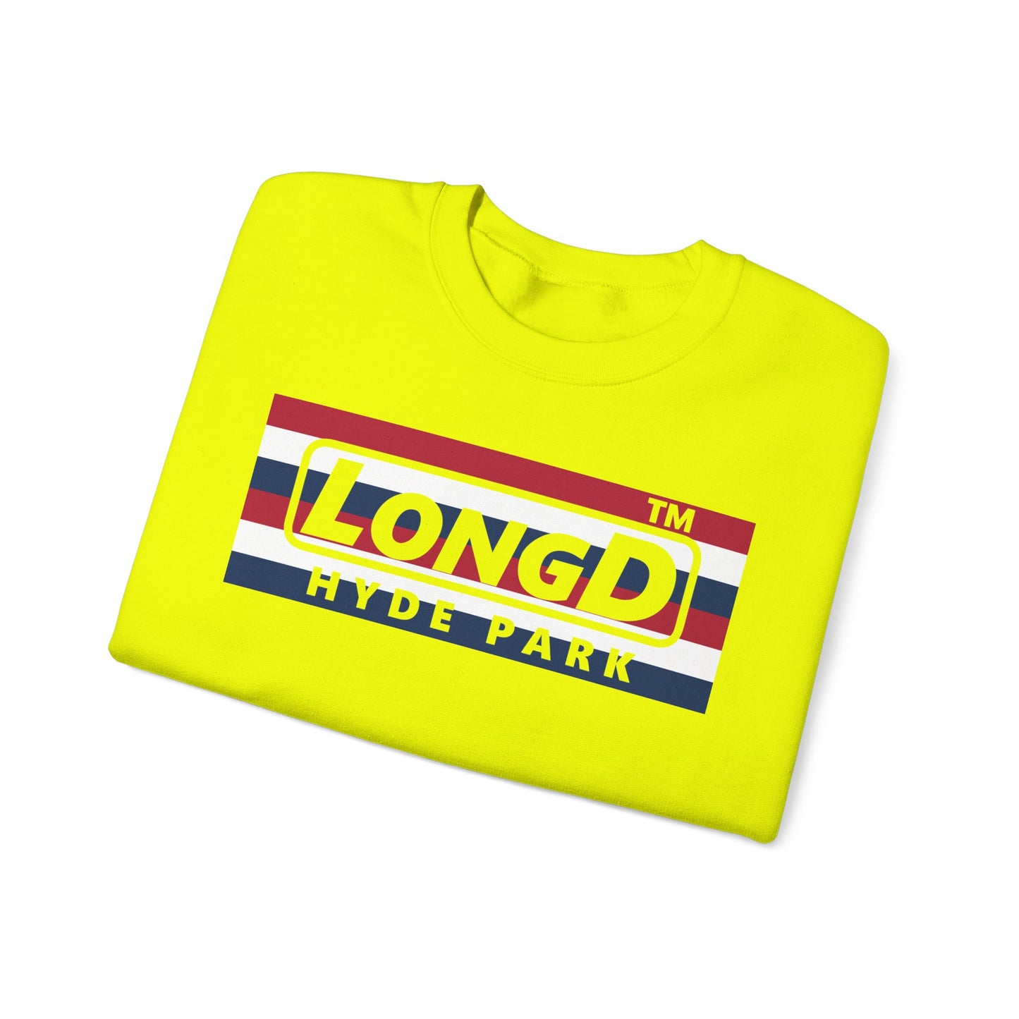 LongD negative horizontal 6-striped Hyde Park logo crewneck sweatshirt (patriotic colors)