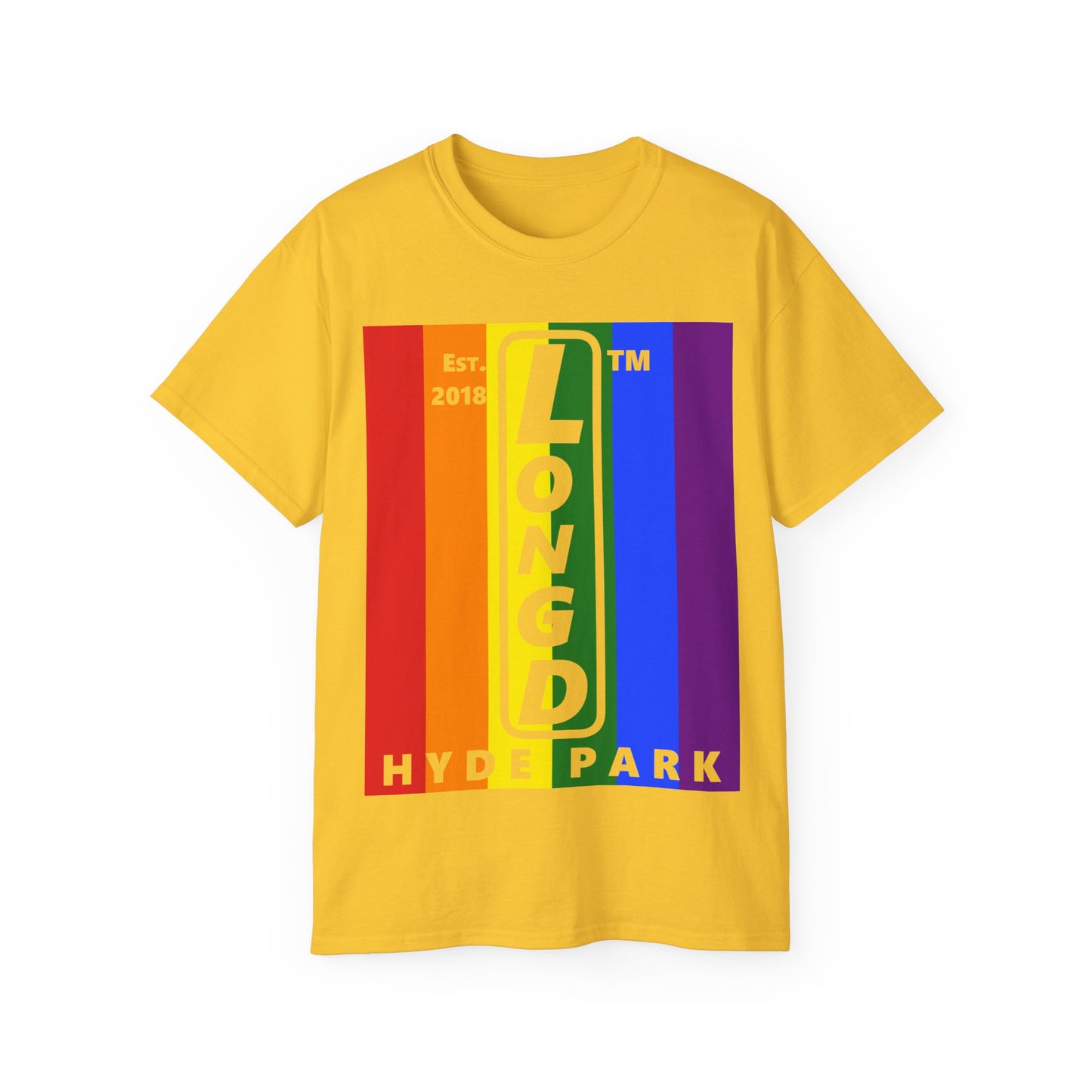 LongD Cotton Tee negative vertical striped Hyde Park upright logo (Pride colors)
