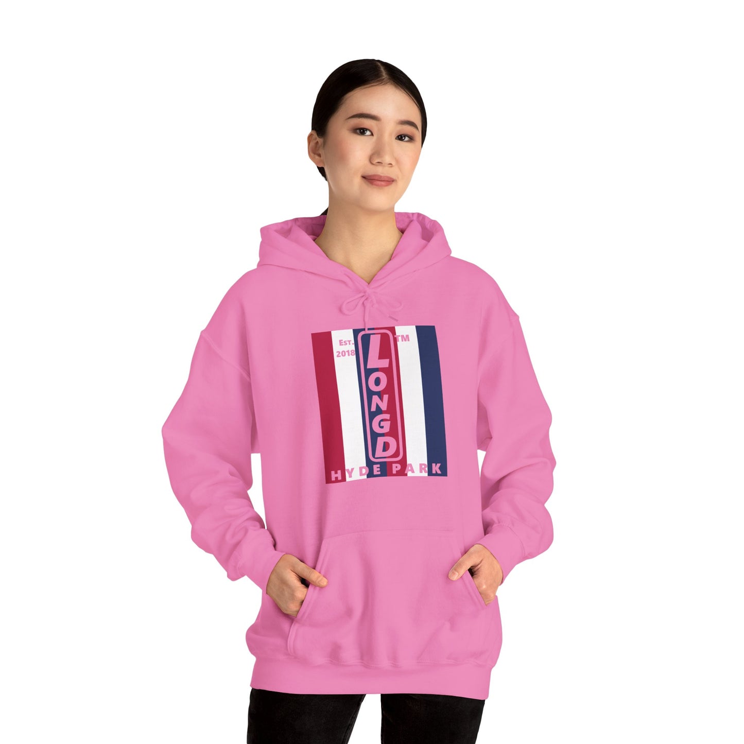 LongD® negative vertical 6-striped upright Hyde Park logo hoodie