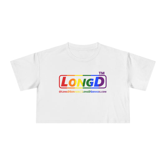 LongD positive vertical 6-striped tag-domain logo crop tee (Pride colors)