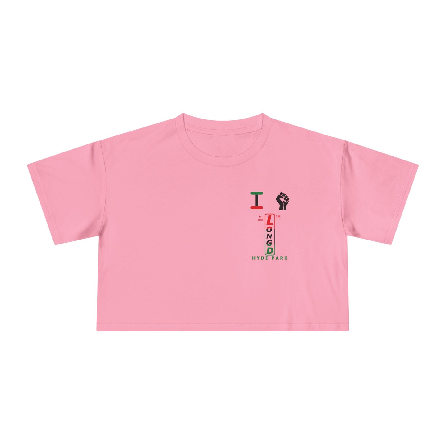 I fist LongD positive horizontal 3-striped upright single-breasted Hyde Park logo crop tee (Juneteenth colors)