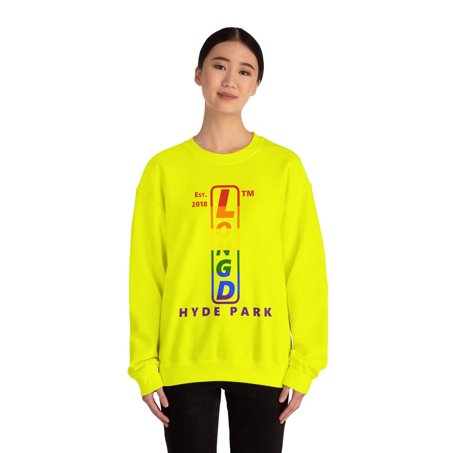 LongD positive horizontal 6-striped Hyde Park upright logo crewneck sweatshirt (Pride colors)