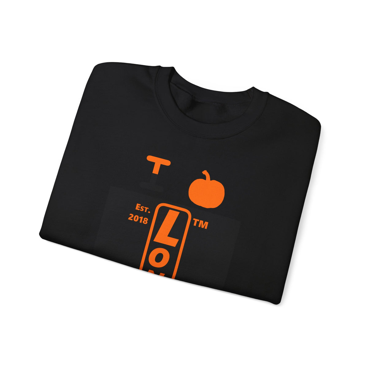 I pumpkin LongD Tag-domain upright logo positive orange on negative black crewneck sweatshirt
