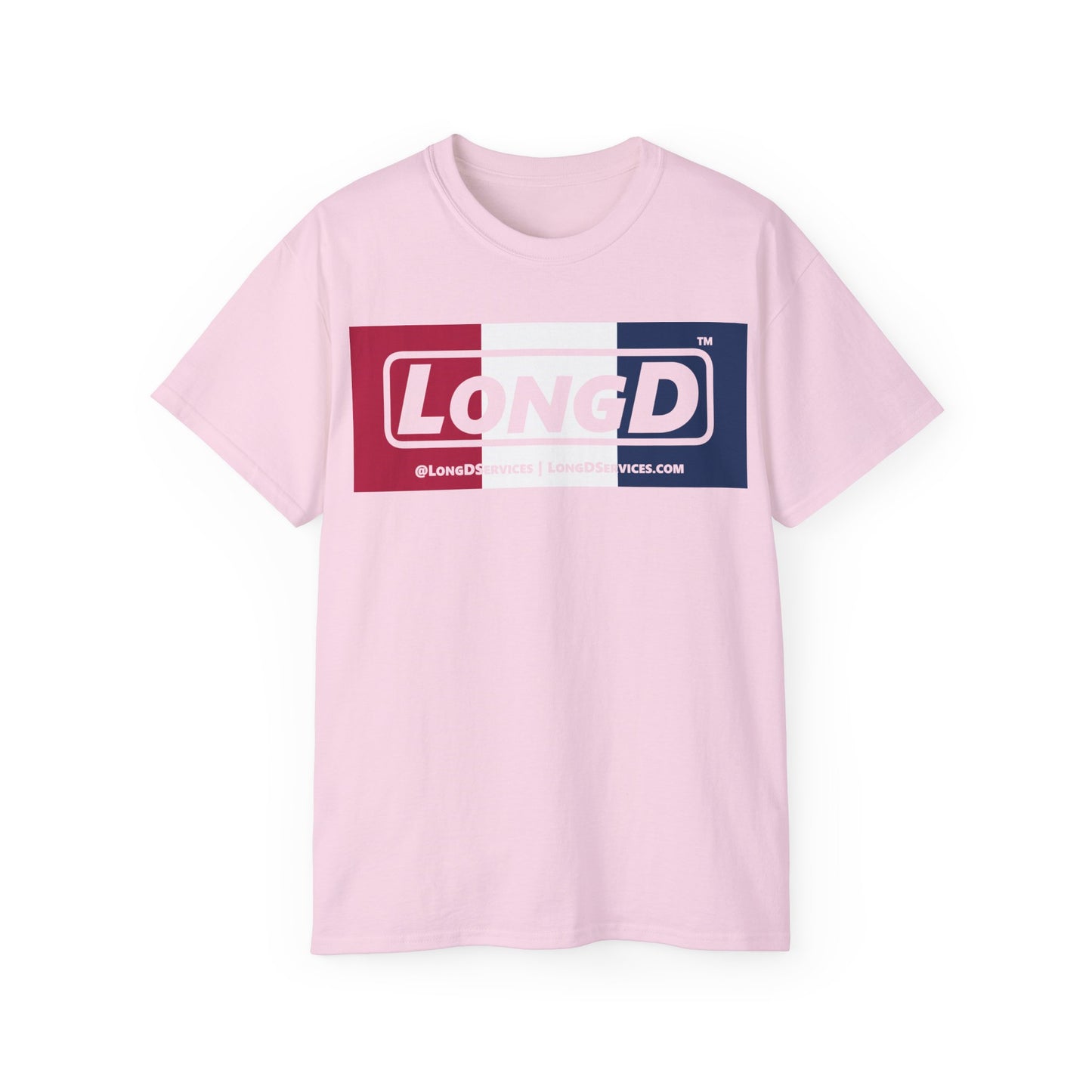 LongD® Logo Cotton Tee Red, White and Blue negative thirds text