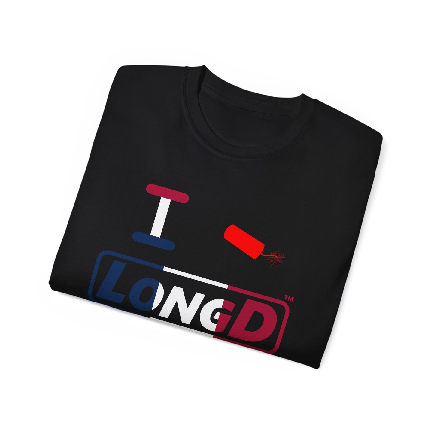 I Firecracker LongD® Logo Cotton Tee Blue, White and Red positive thirds text