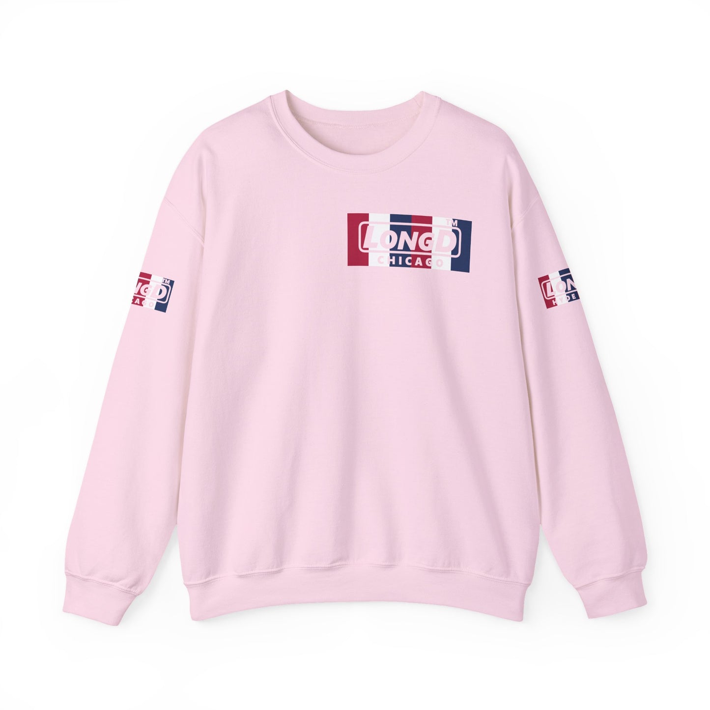 LongD negative vertical 6-striped 4-print single-breasted Chicago logo crewneck sweatshirt (patriotic colors)