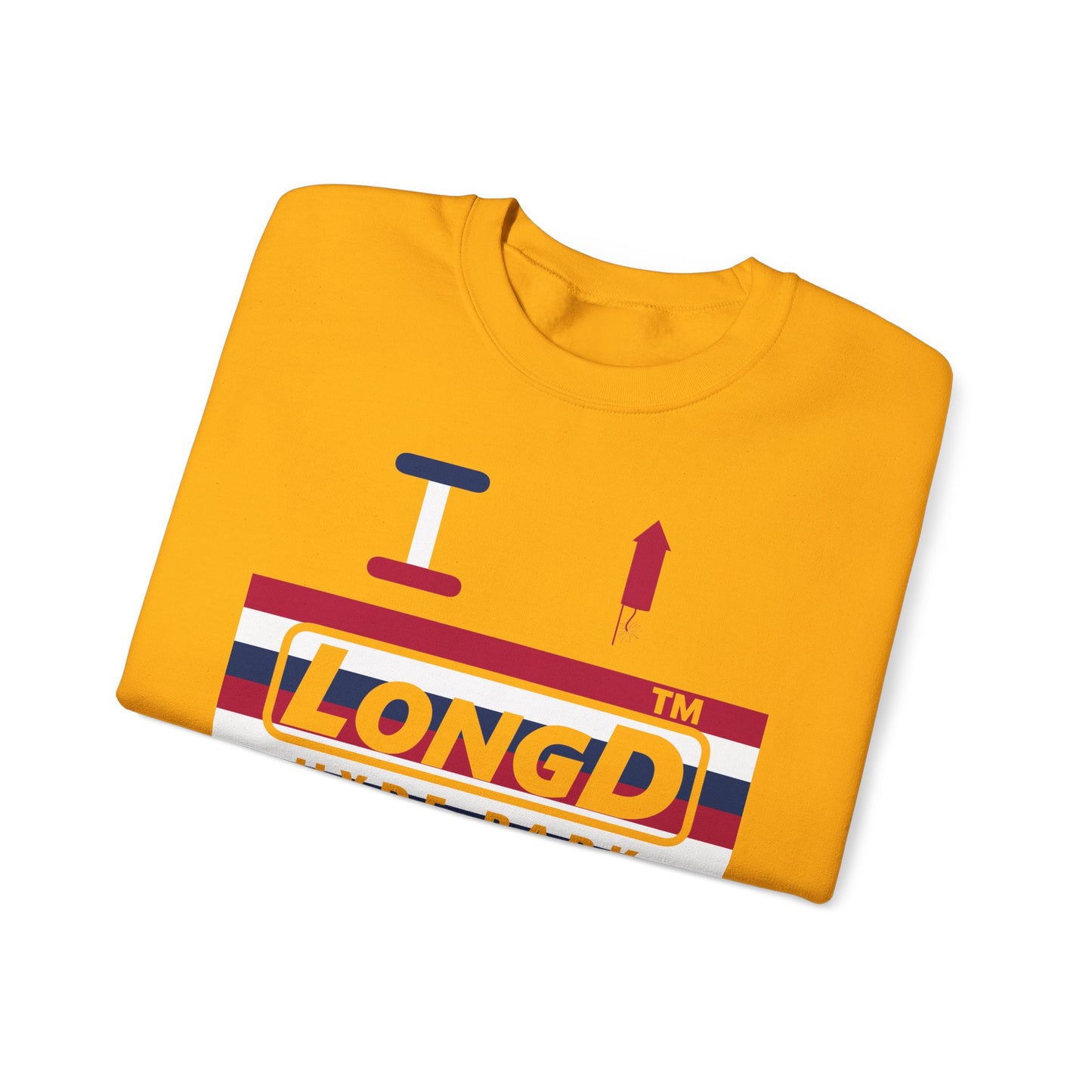 I firecracker LongD negative horizontal 6-striped Hyde Park logo crewneck sweatshirt