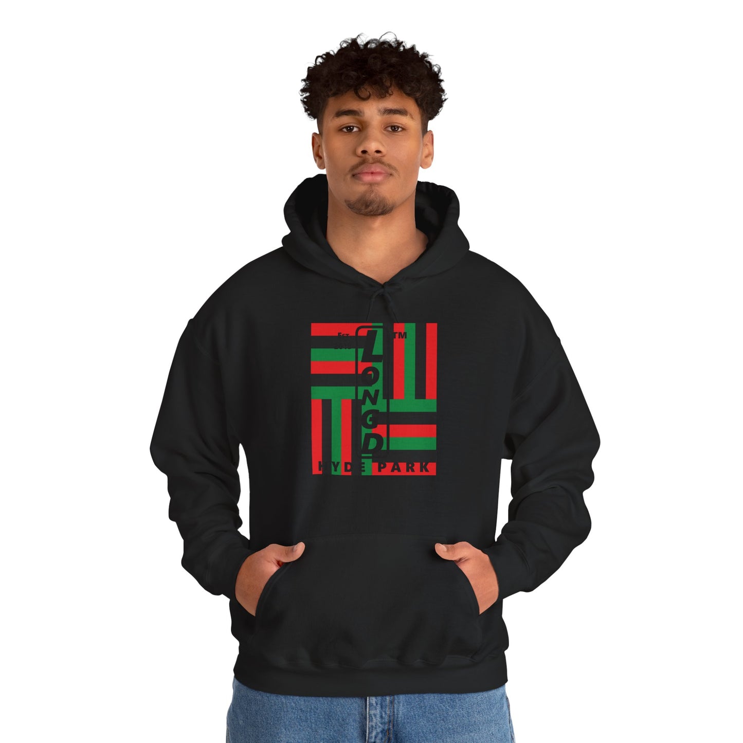 LongD® negative windmill upright Hyde Park logo hoodie (Juneteenth colors)