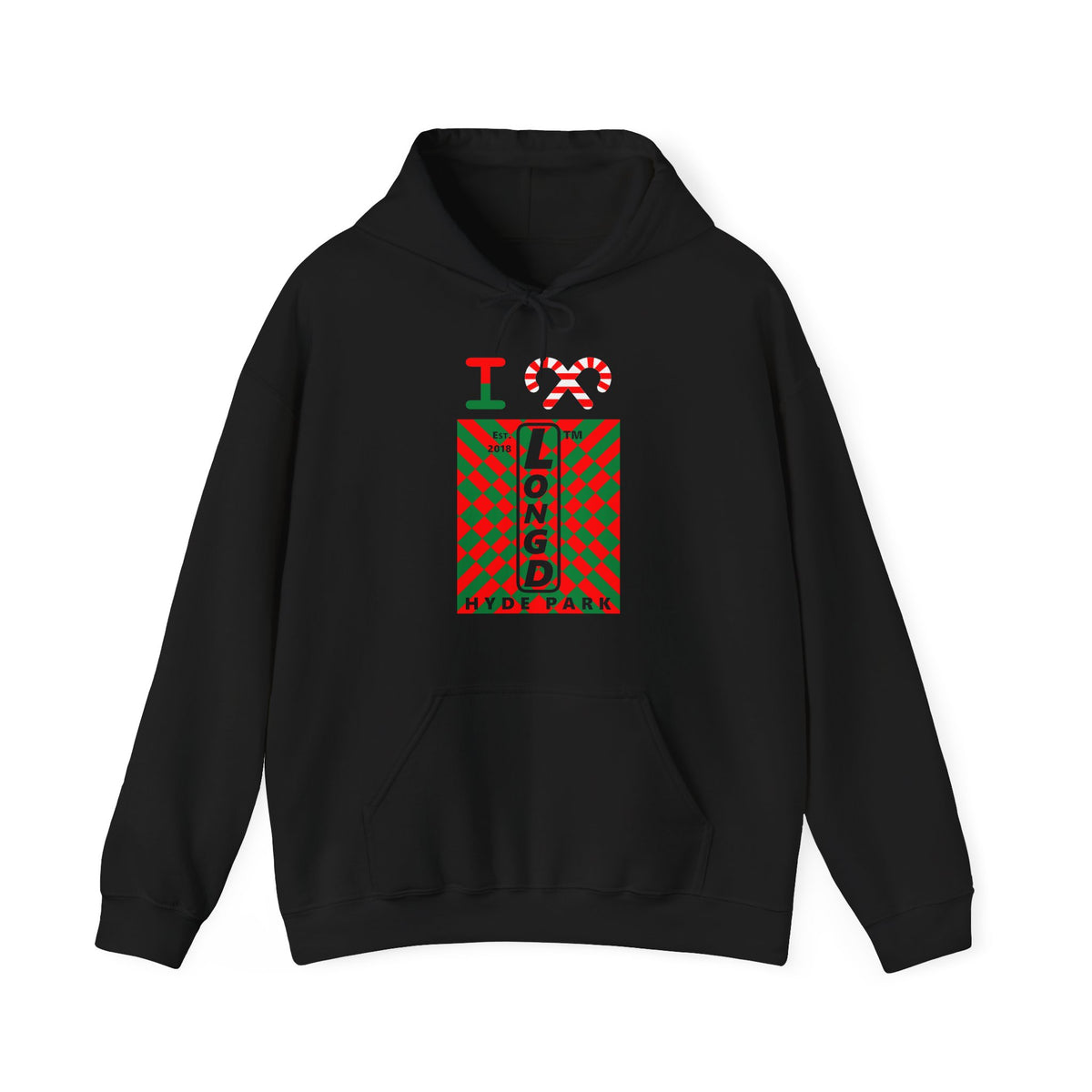 I candy cane LongD Hyde Park negative upright stylized argyle logo hoodie