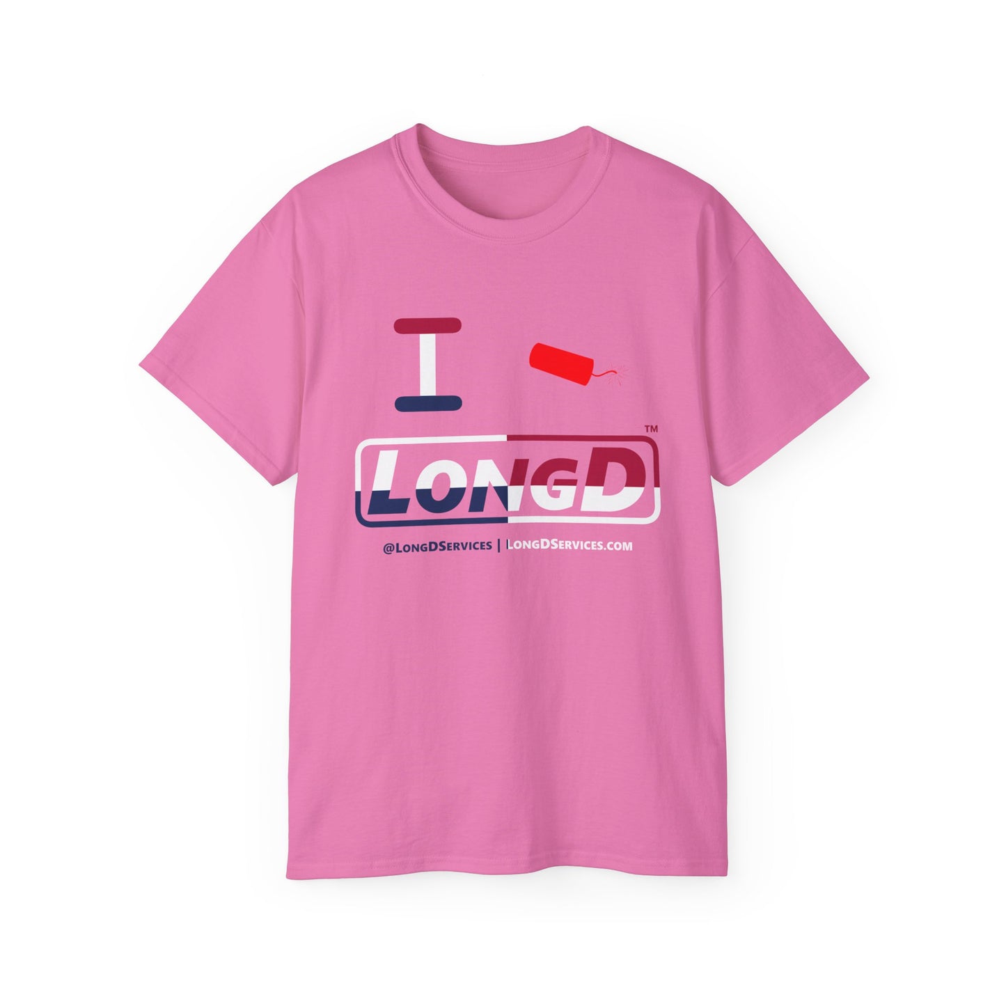 I Firecracker LongD® Logo Cotton Tee Red, White and Blue positive quarters text