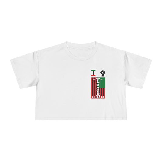 I fist LongD negative flag upright single-breasted Chicago logo crop tee (Juneteenth colors)