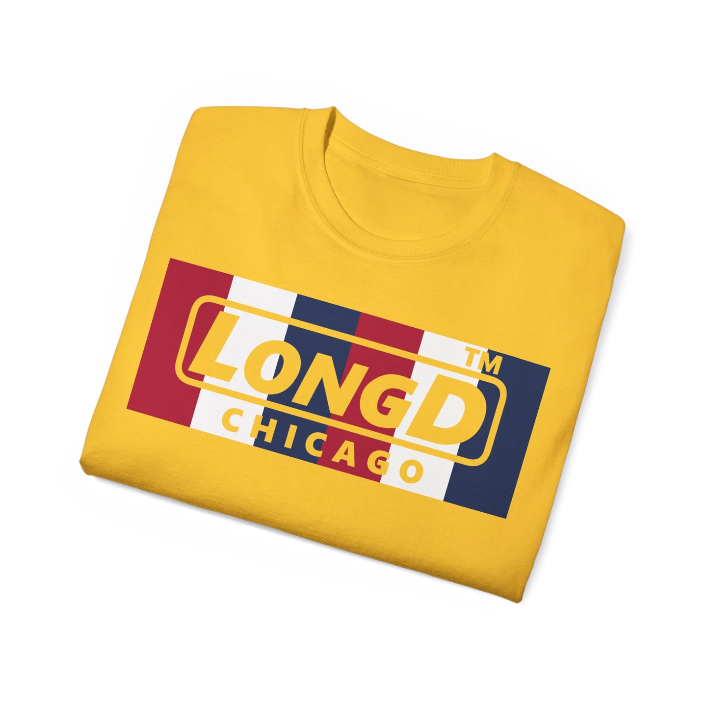 LongD negative vertical 6-striped Chicago logo cotton tee (patriotic colors)