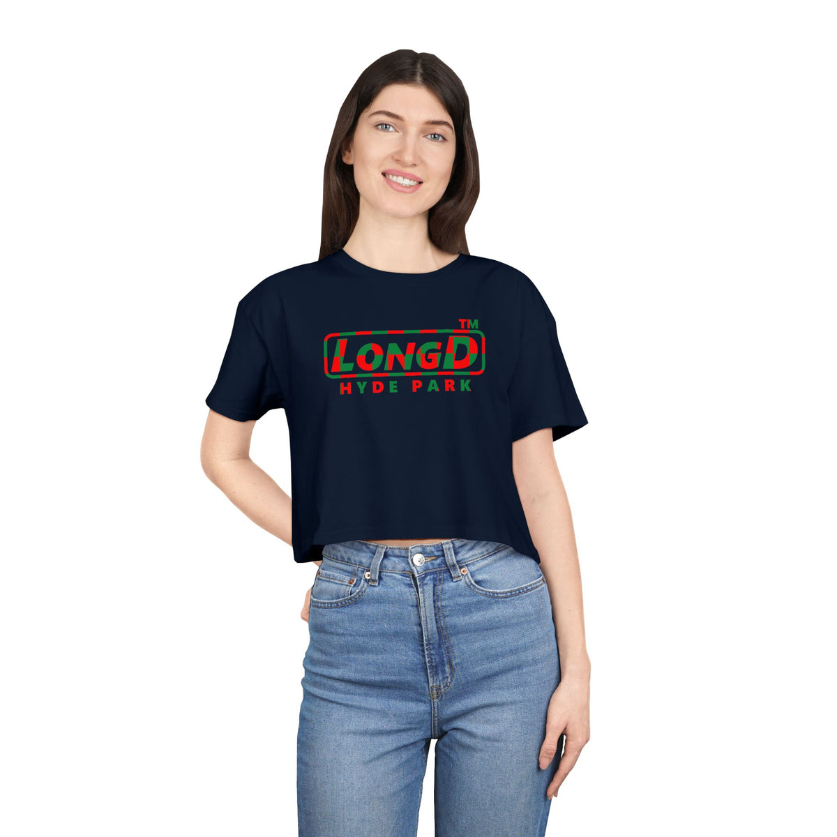 LongD Hyde Park positive checkered logo (Xmas colors) crop tee