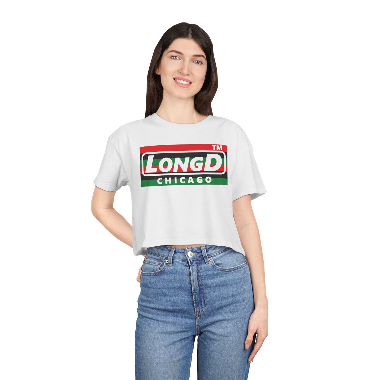LongD negative horizontal 6-striped Chicago logo crop tee (Juneteenth colors)