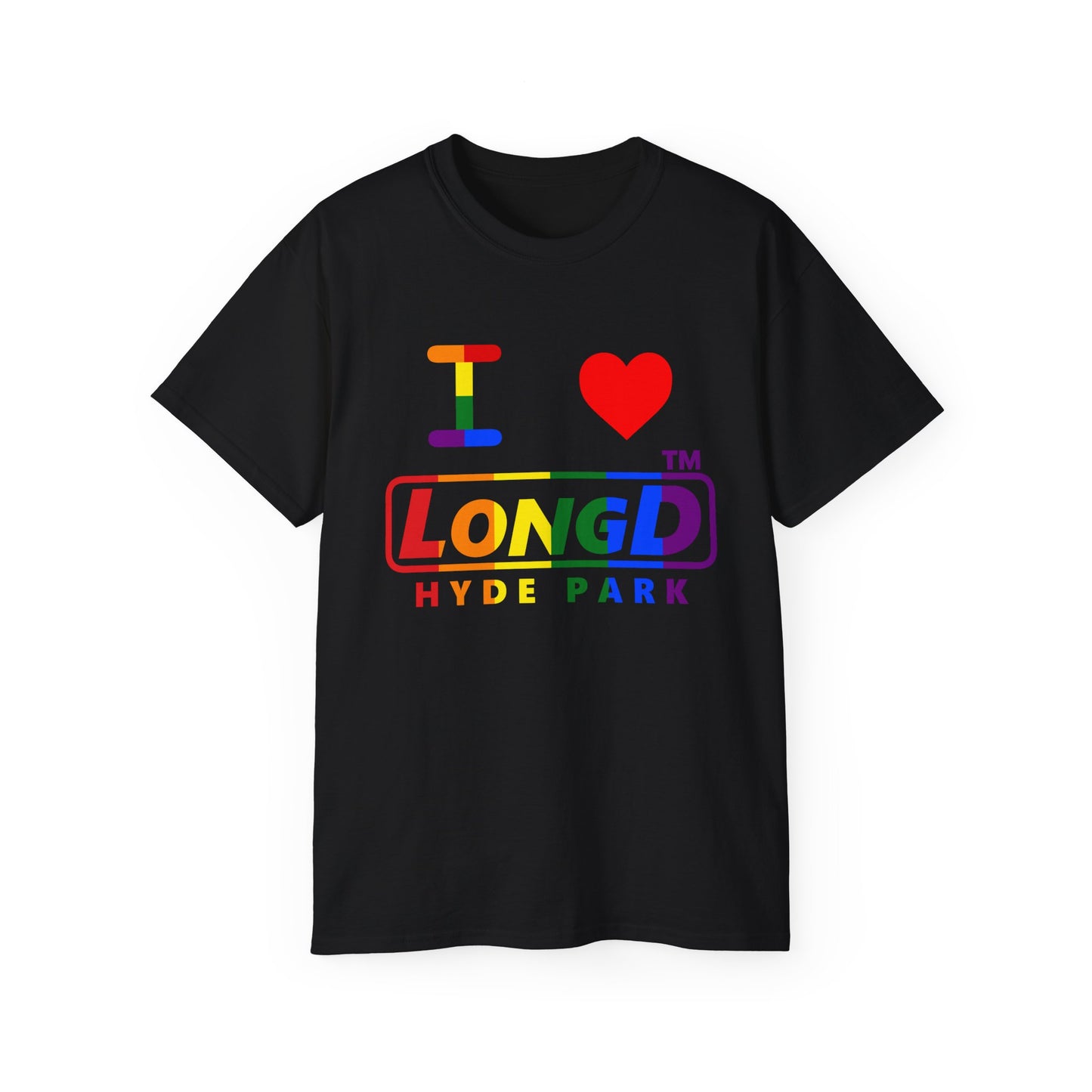 I Luv LongD positive vertical striped Hyde Park logo cotton tee (Pride colors)