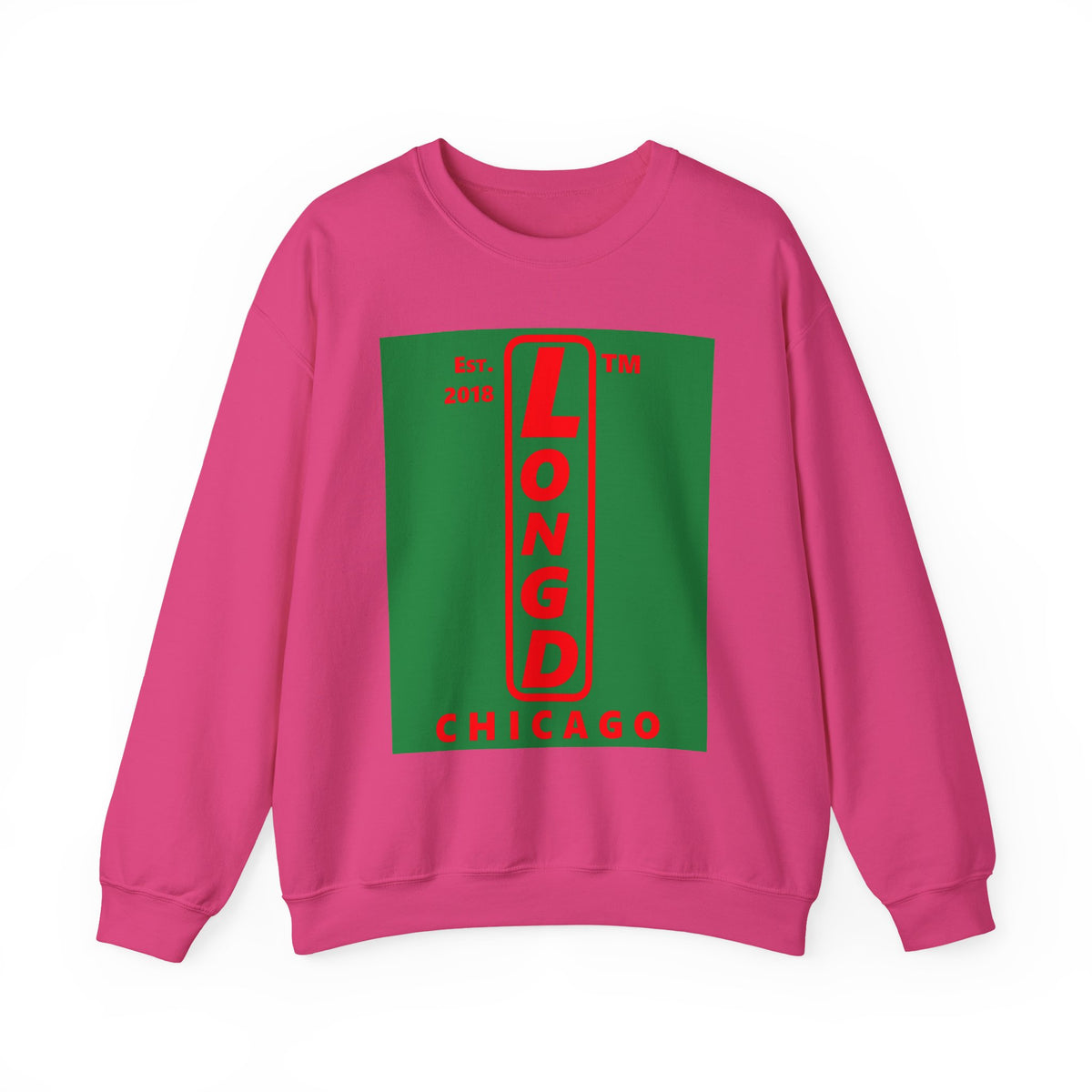 LongD Chicago upright logo positive red on negative green (Xmas colors) crewneck sweatshirt