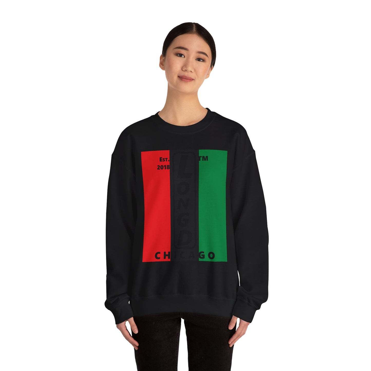 LongD negative vertical 3-striped Chicago upright logo crewneck sweatshirt (Juneteenth colors)