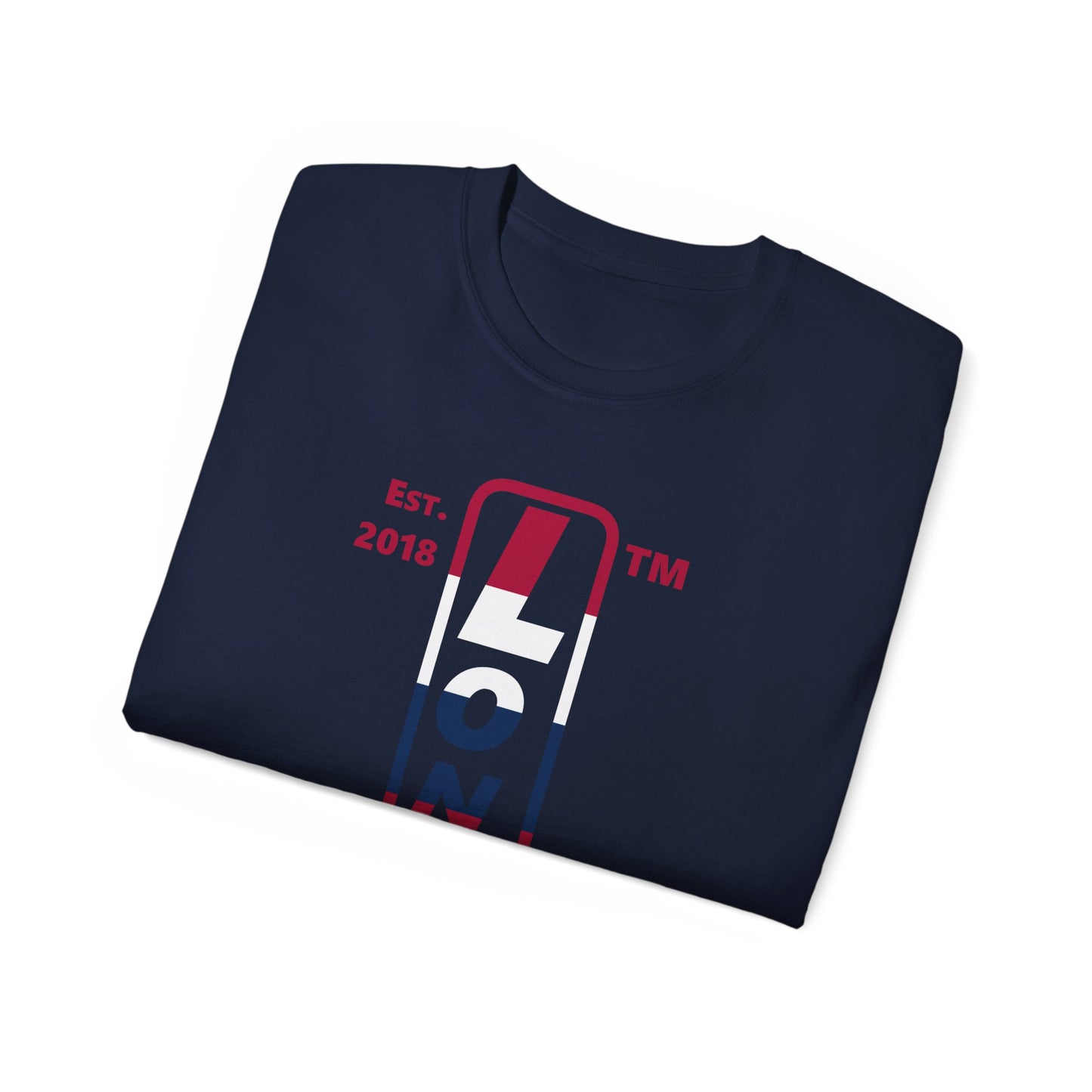 LongD cotton tee positive horizontal 6-striped Chicago upright logo (Patriotic colors)