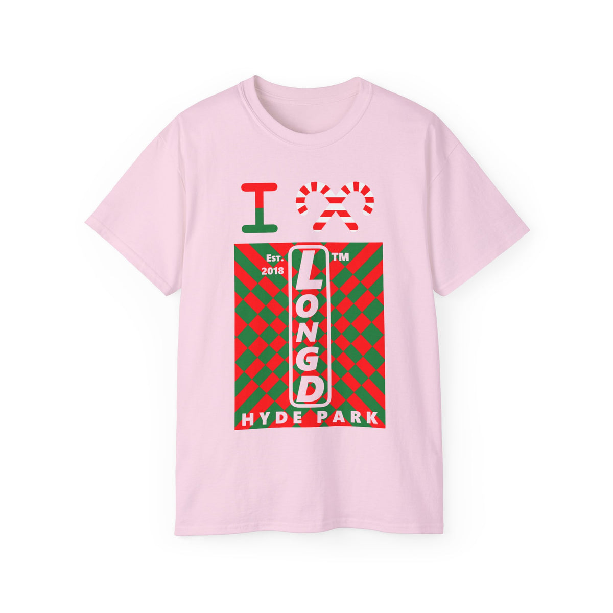 I candy cane LongD Hyde Park negative upright stylized argyle logo cotton tee