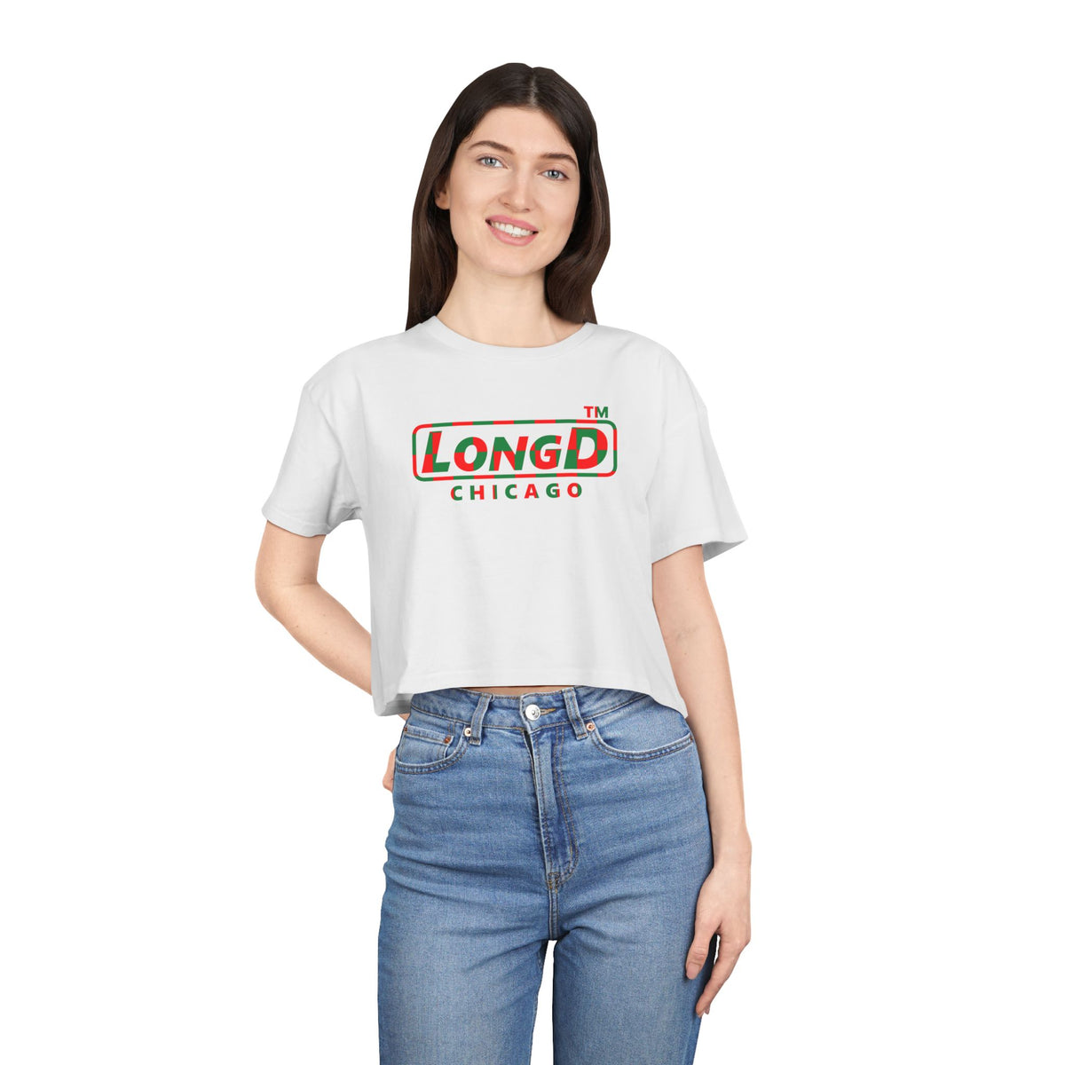 LongD Chicago positive checkered logo (Xmas colors) crop tee