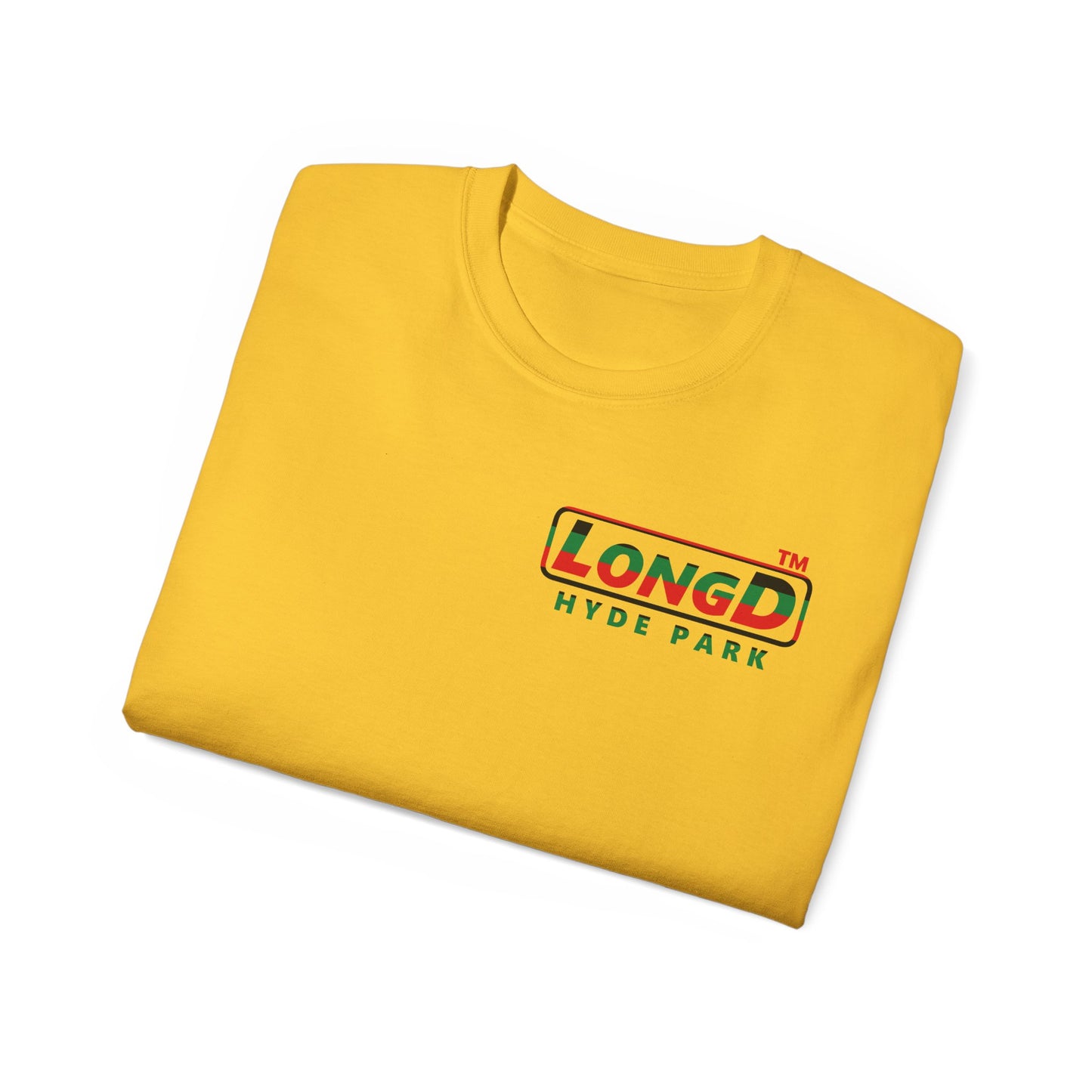 LongD positive horizontal 6-striped Hyde Park logo single-breasted front-back cotton tee (Juneteenth colors)
