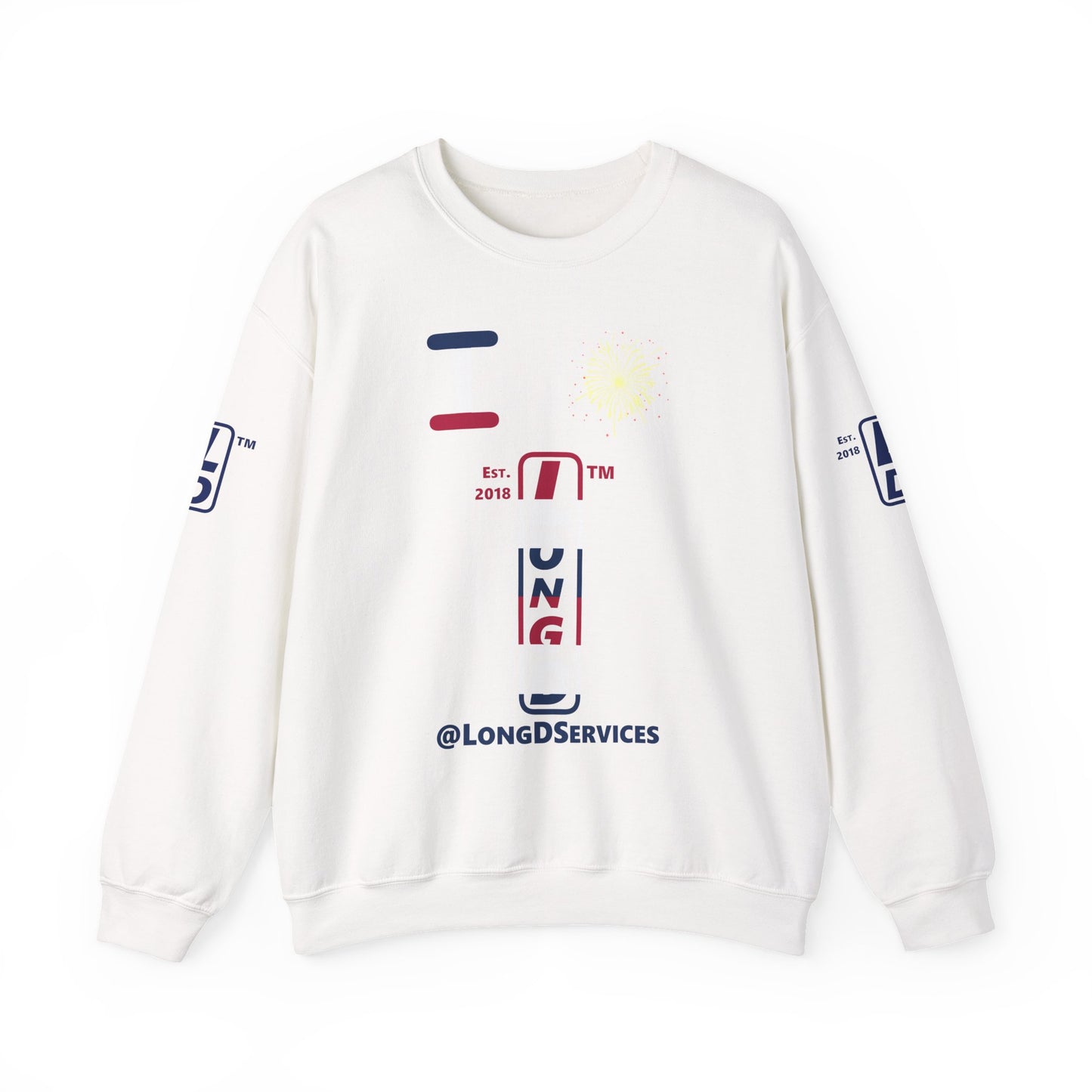 I Burst LongD positive horizontal 6-striped tag upright 4-print logo crewneck sweatshirt