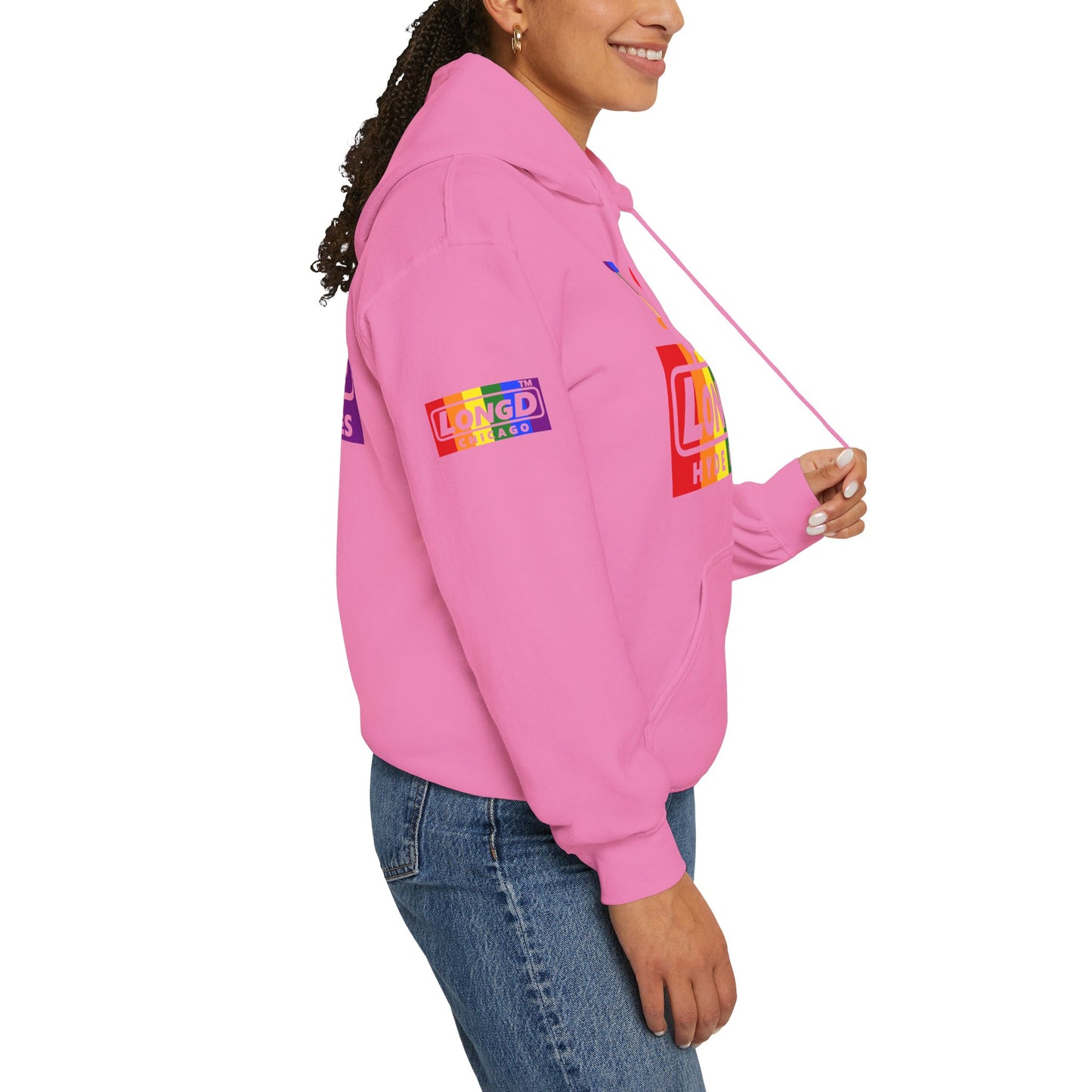 I Luv LongD® negative vertical striped 4-print Hyde Park logo hoodie (Pride colors)