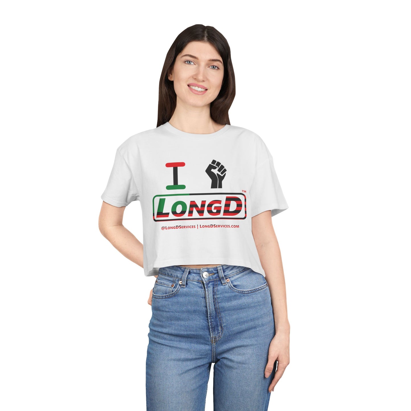 I Fist LongD Logo Women's Crop Tee (Black fist and Juneteenth positive flag logo)