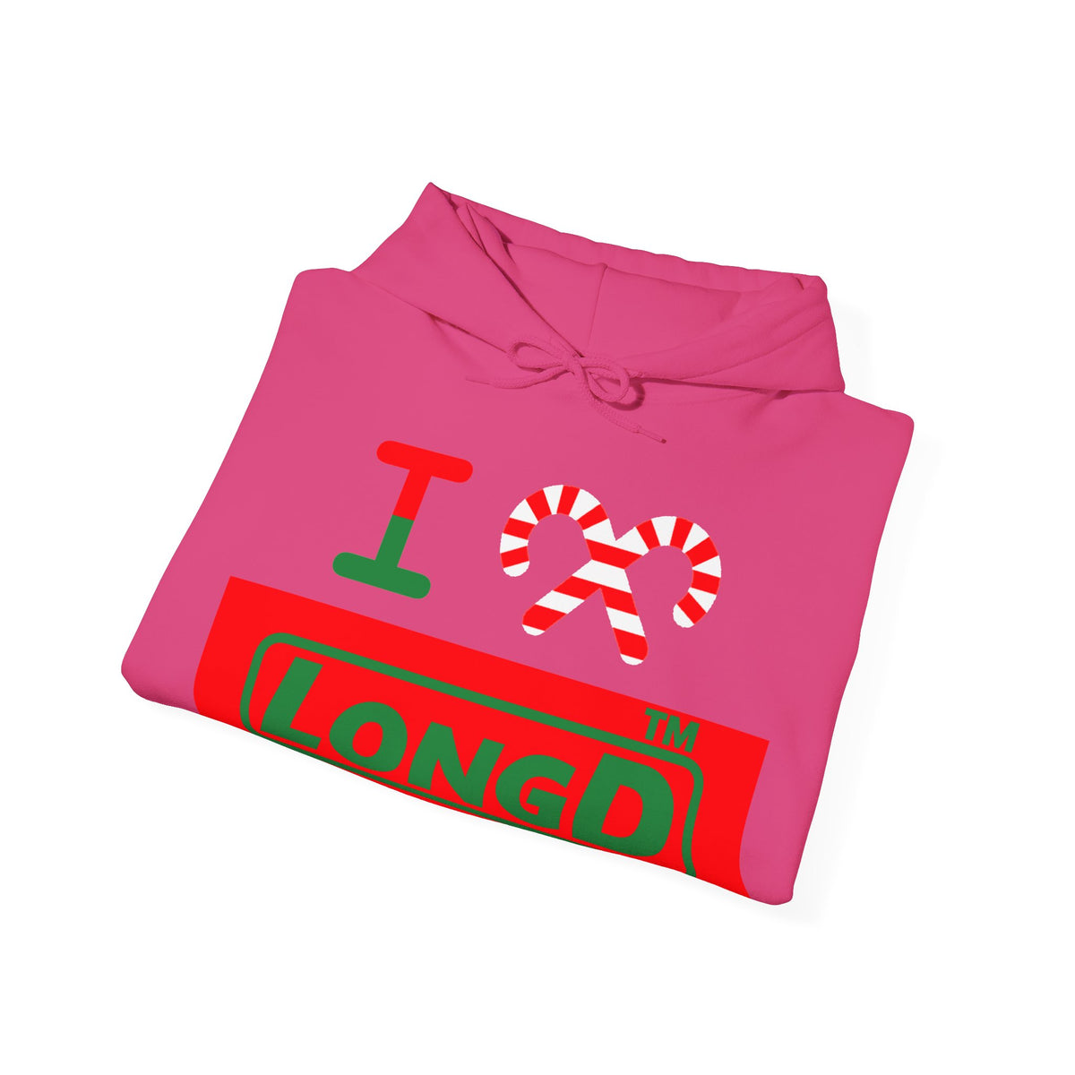 I candy cane LongD Tag logo positive green on negative red hoodie