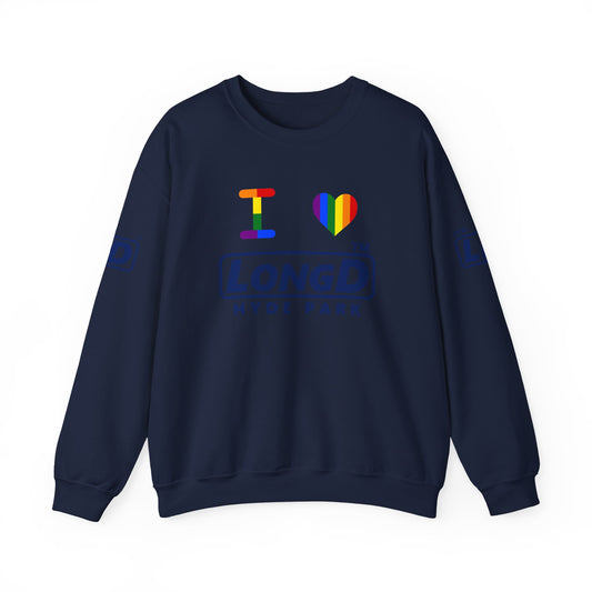 I Luv LongD official basic 4-print Hyde Park logo crewneck sweatshirt with Pride heart