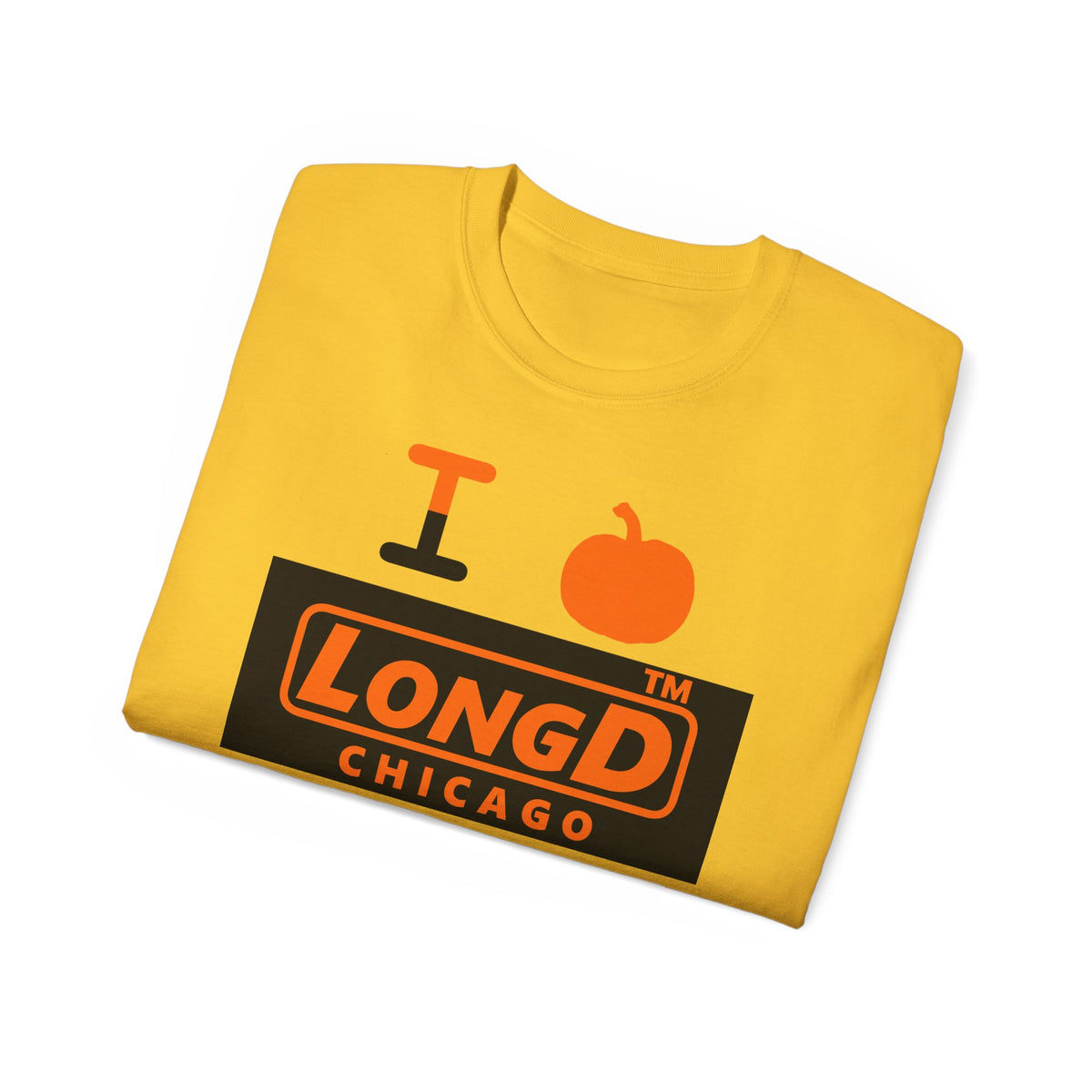 I pumpkin LongD Chicago logo positive orange on negative black cotton tee