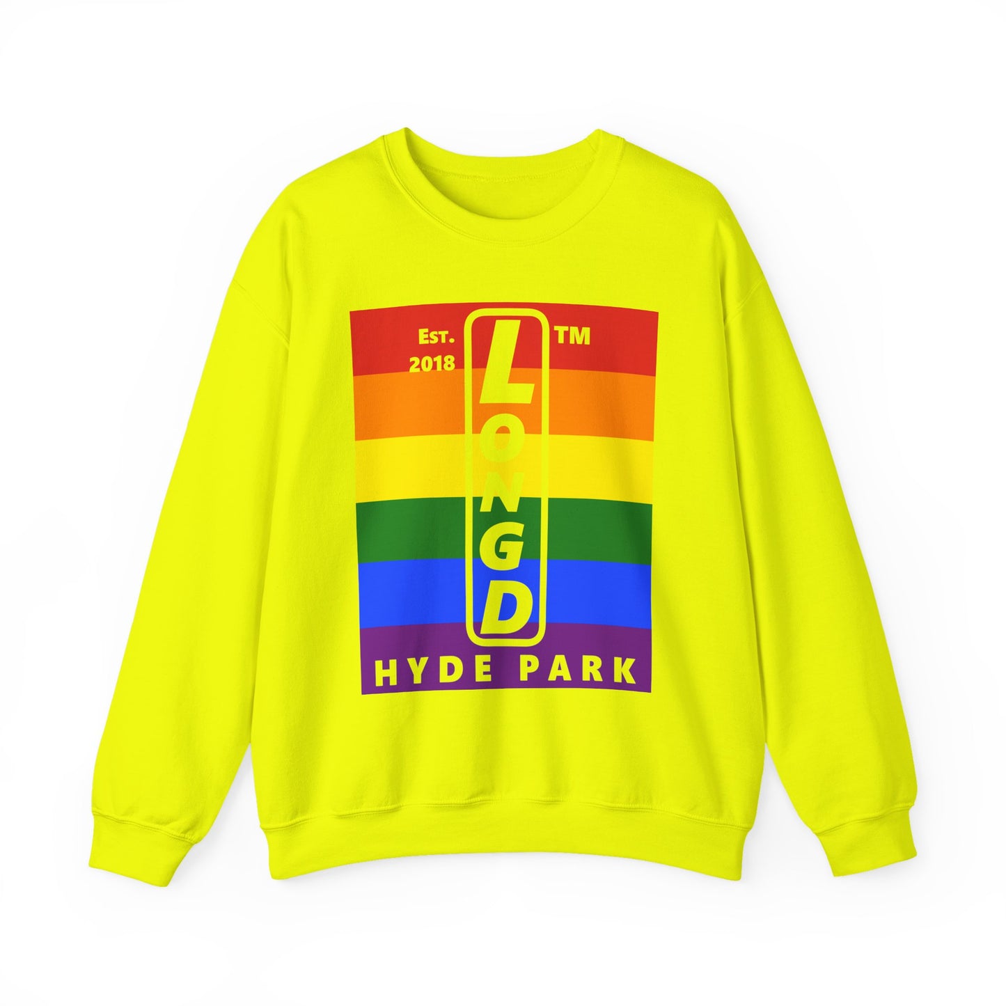 LongD negative horizontal 6-striped Hyde Park upright logo crewneck sweatshirt (Pride colors)