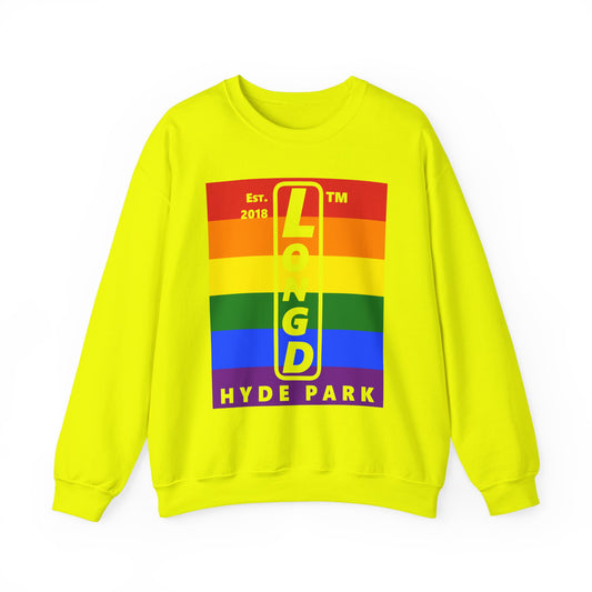 LongD negative horizontal 6-striped Hyde Park upright logo crewneck sweatshirt (Pride colors)