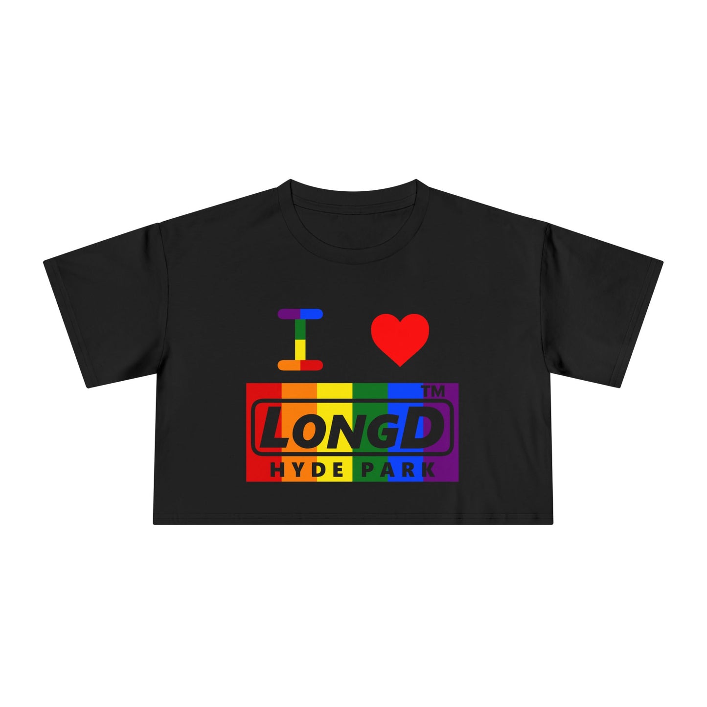 I Luv LongD negative vertical 6-striped Hyde Park logo crop tee (Pride colors)
