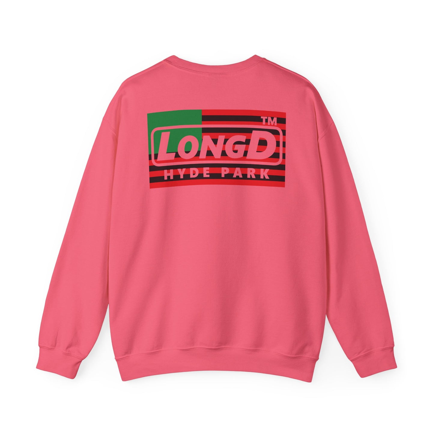 I fist LongD negative flag front-back Hyde Park logo crewneck sweatshirt