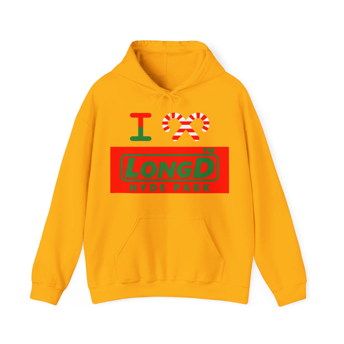 I candy cane LongD Hyde Park logo positive green on negative red hoodie