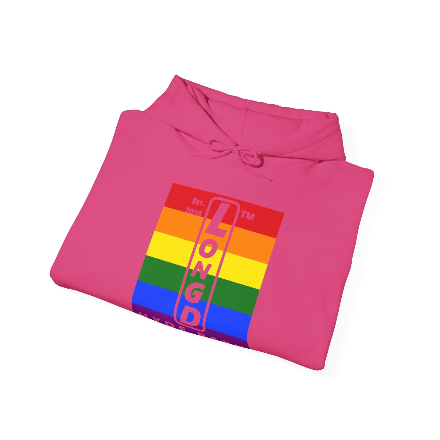 LongD® negative horizontal 6-striped upright Hyde Park logo hoodie (Pride colors)