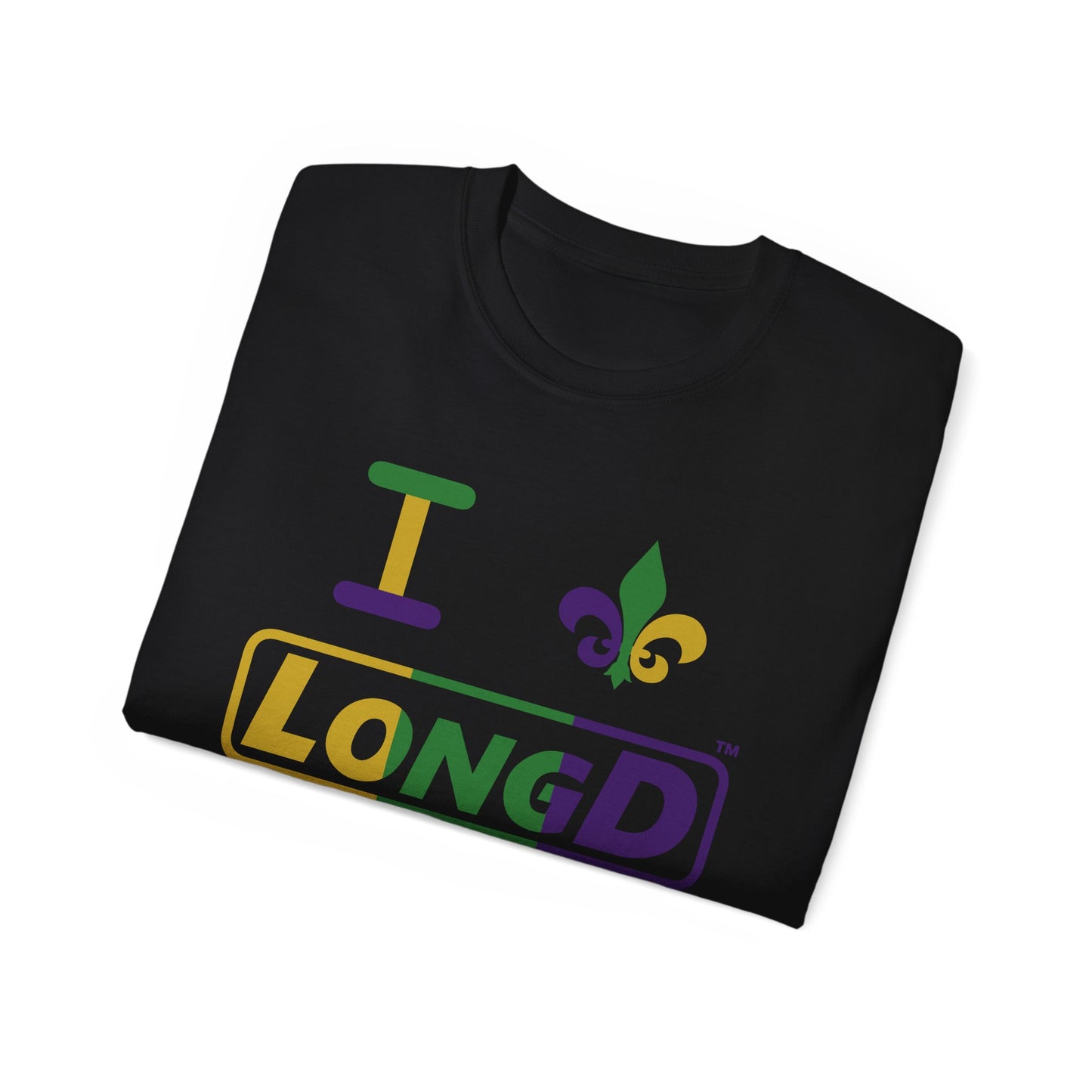 I Fleur LongD® Logo Cotton Tee (Mardi Gras colored text, positive logo & fleur de lis)