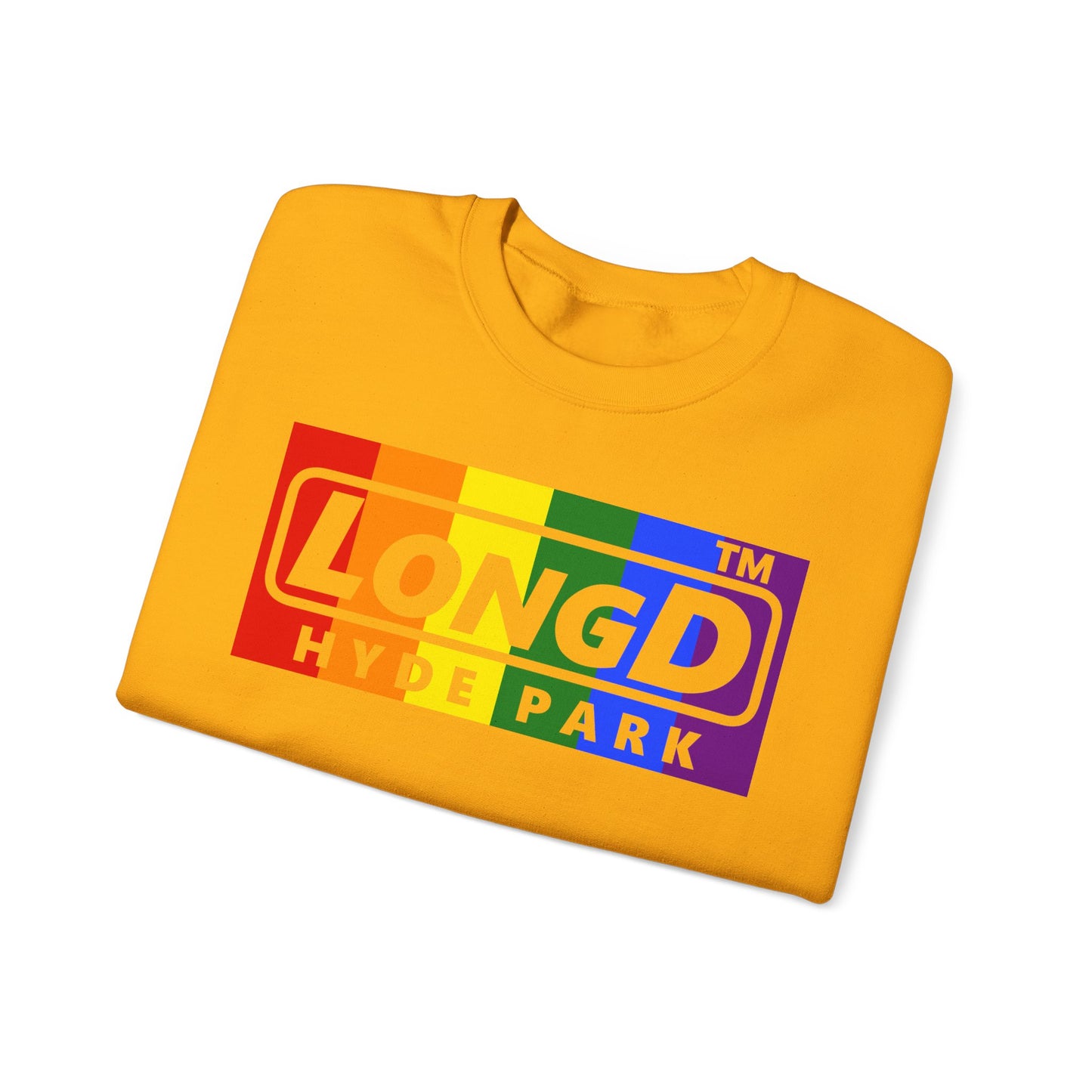 LongD negative vertical striped Hyde Park logo crewneck sweatshirt (Pride colors)